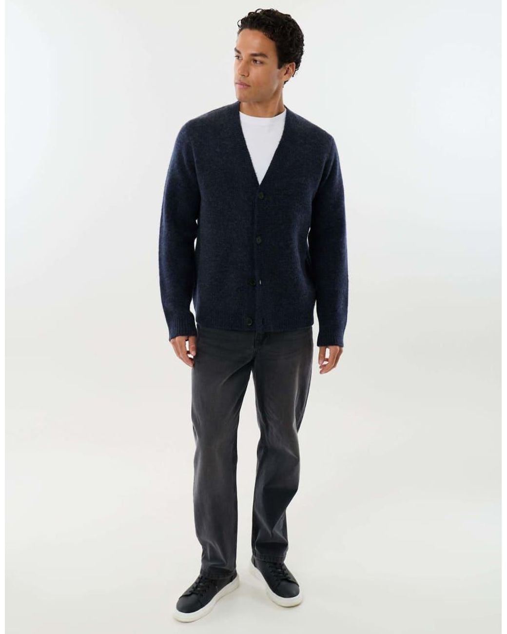 Threadbare Blue Relaxed Fit Wool Blend V Neck Cardigan for men