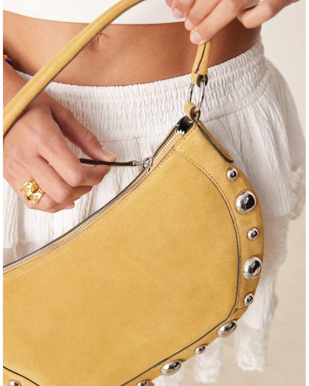Mango Brown Studded Detail Leather Hand Bag With Fringe Trim