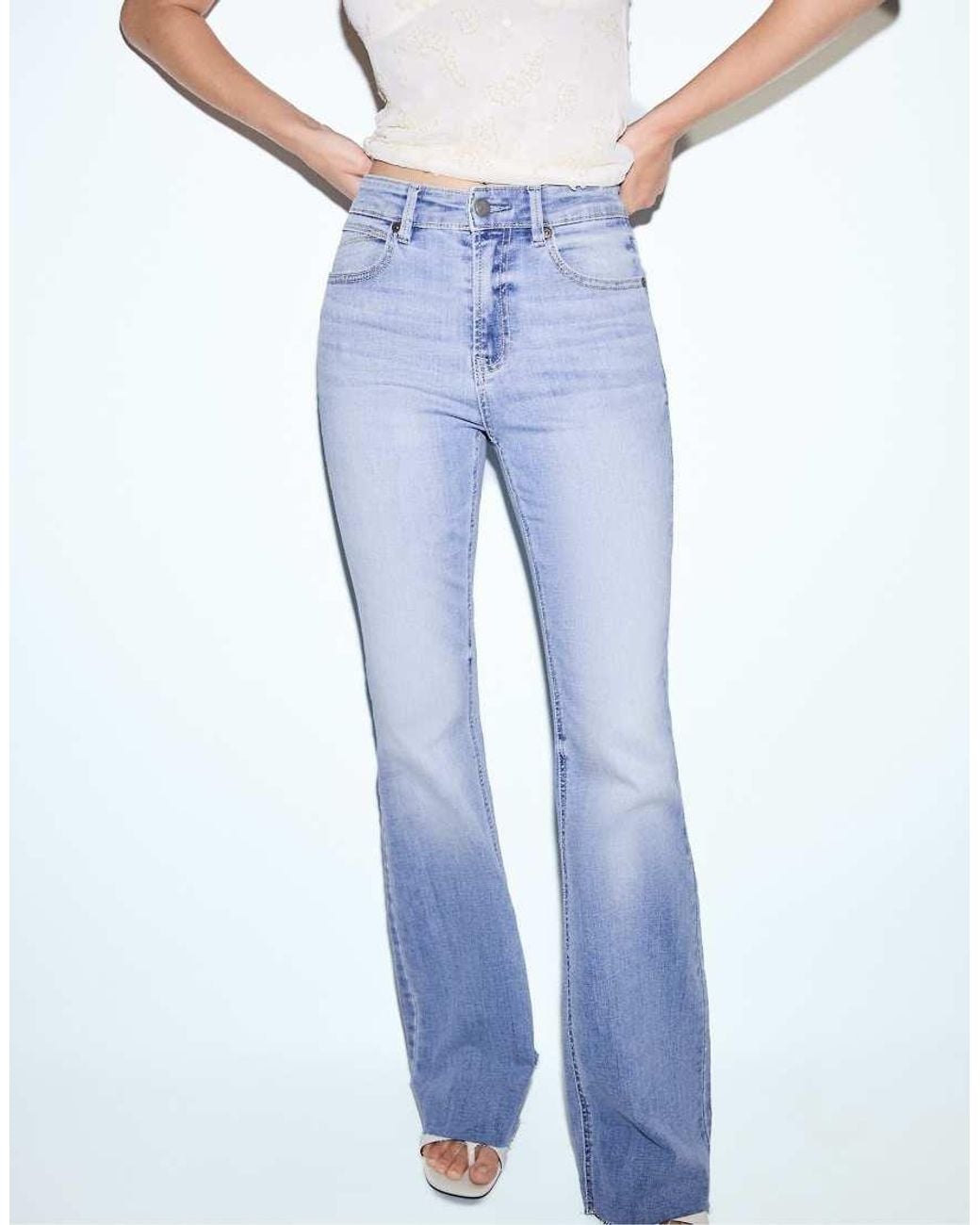Stradivarius Blue D74 Bell Bottom Stretch Slit Jeans