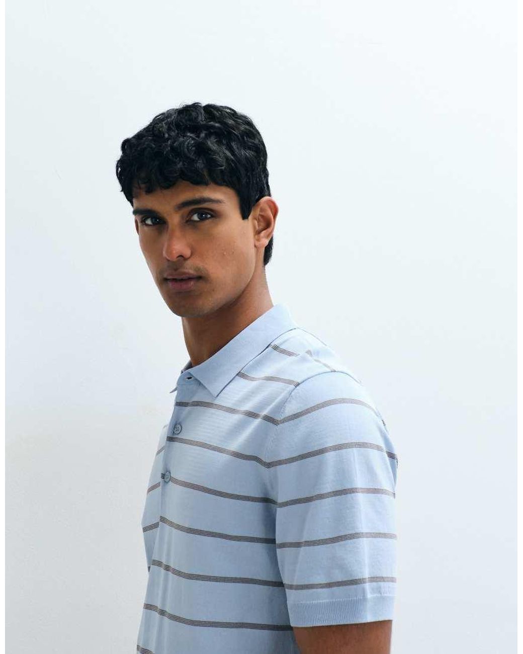 Mango Blue Knitted Striped Polo T-shirt for men