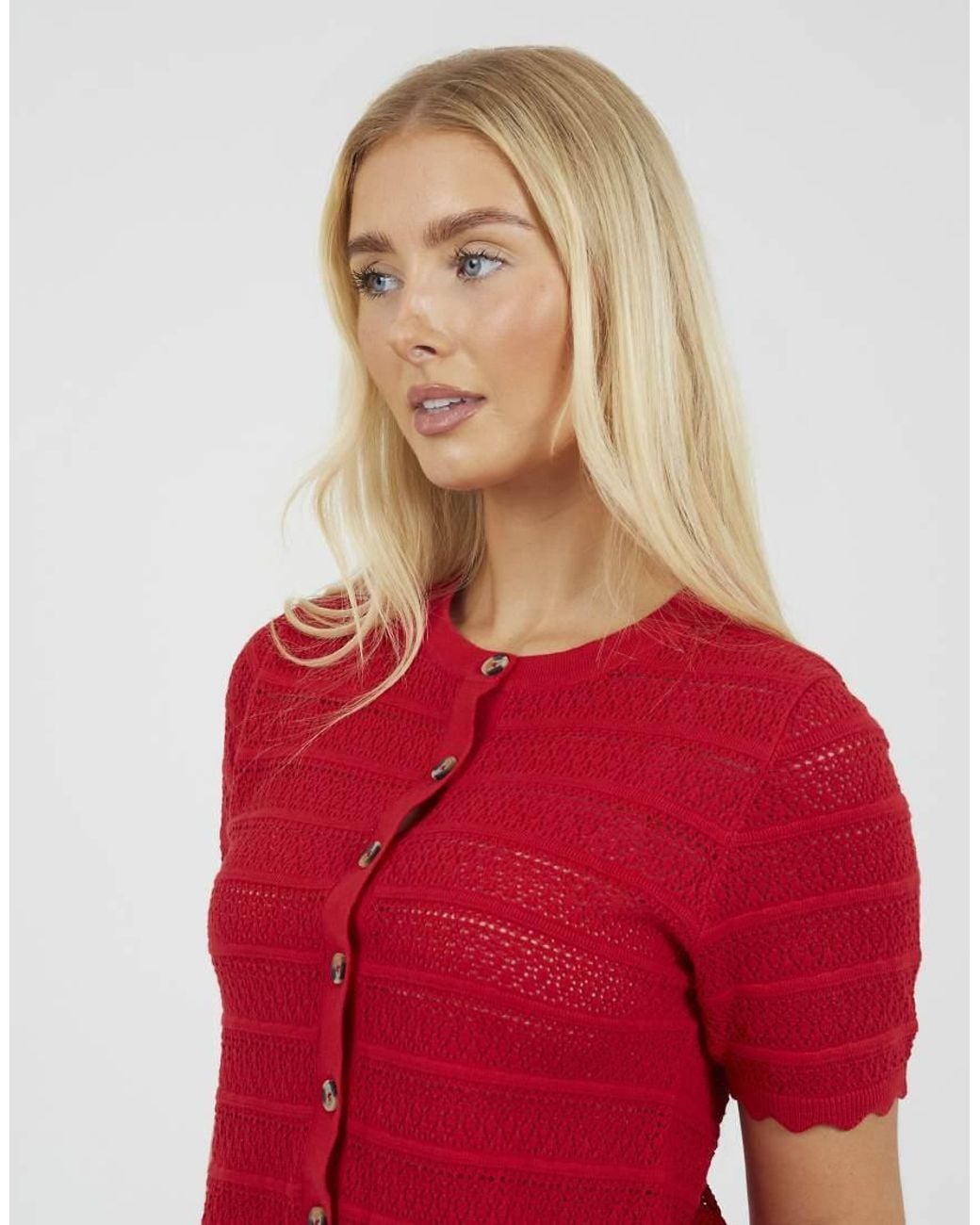 Brave Soul Red Short Sleeve Stitch Detail Crew Neck Cardigan