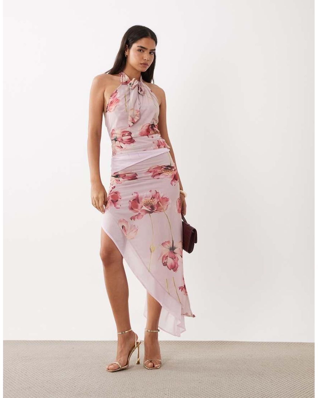 ASOS Pink Striped Peek A Boo Asymmetric Maxi Dress-multi