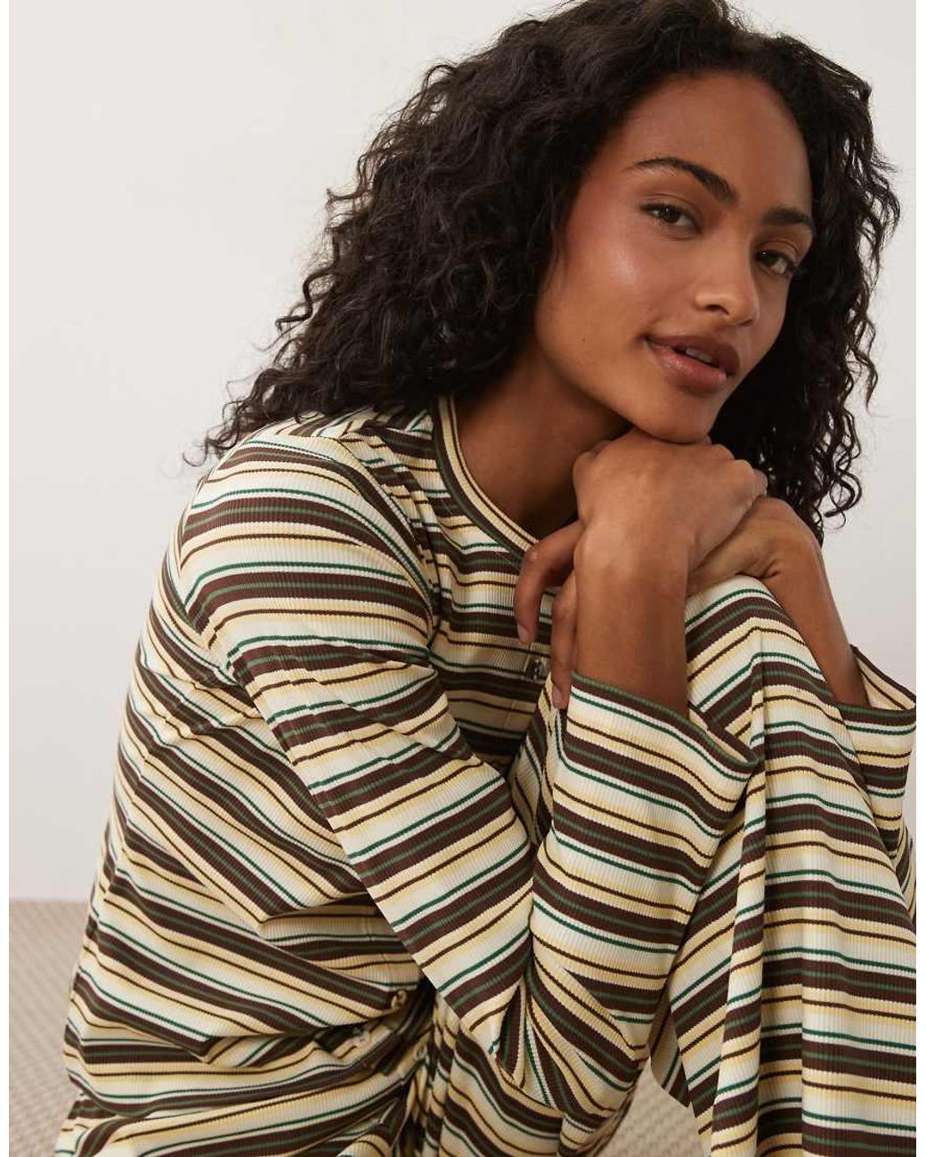 Brave Soul Brown Button Down Long Sleeve Stripe Pyjama Set