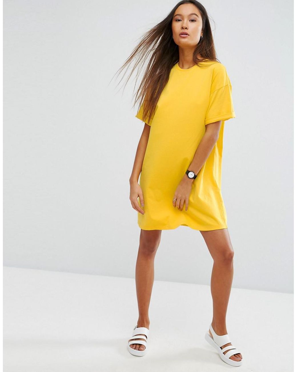 ASOS Rolled Sleeves Ultimate T-shirt Dress in Yellow | Lyst