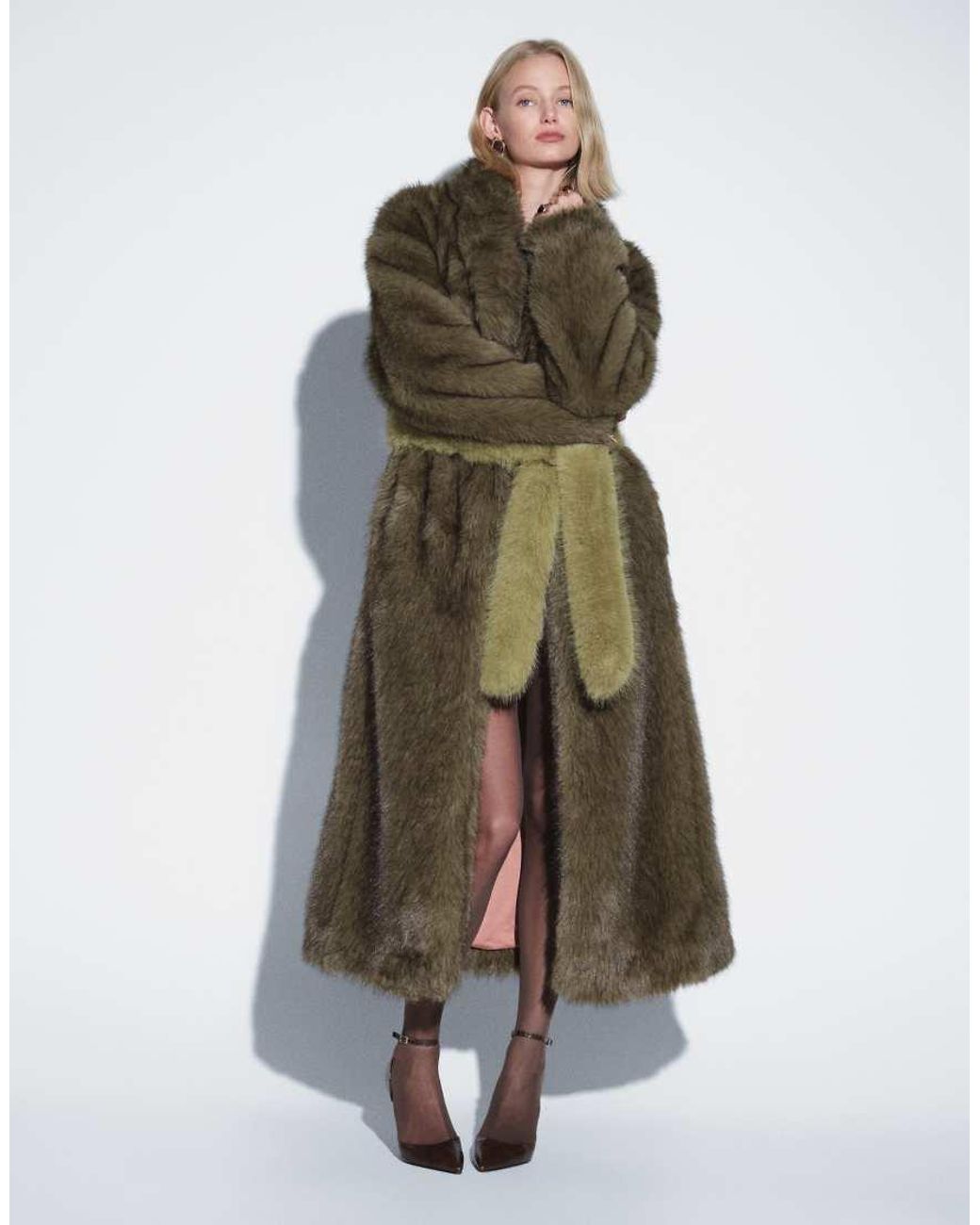 Muse Assembly Natural Longline Faux Fur Jacket With Detachable Mittens And Tie Waist