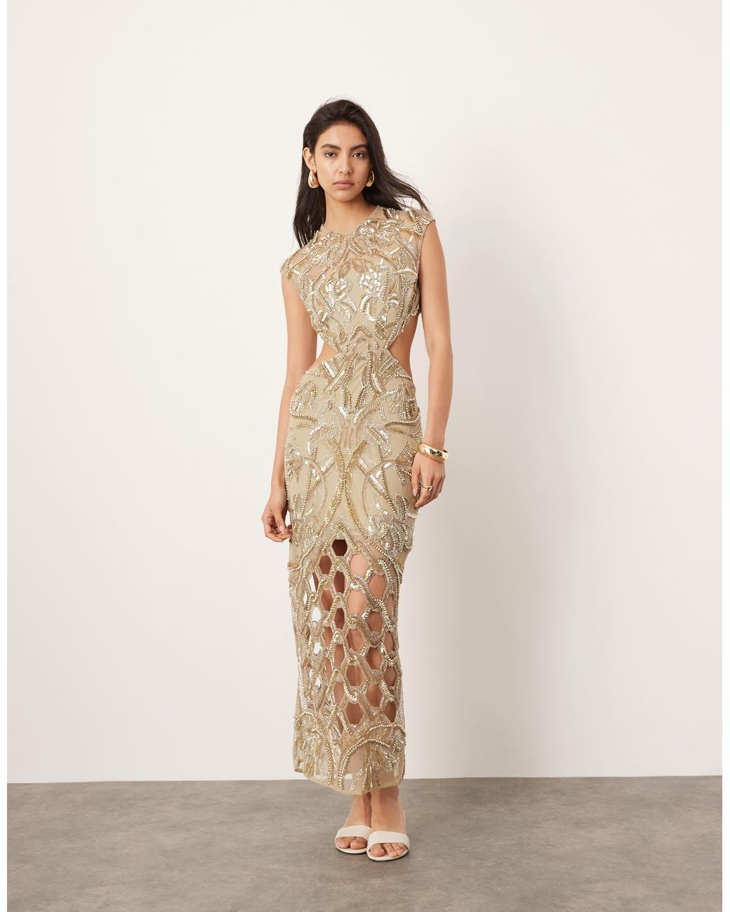 ASOS Nouveau Floral Embellished High Neck Cap Sleeve Maxi Dress in Natural Lyst
