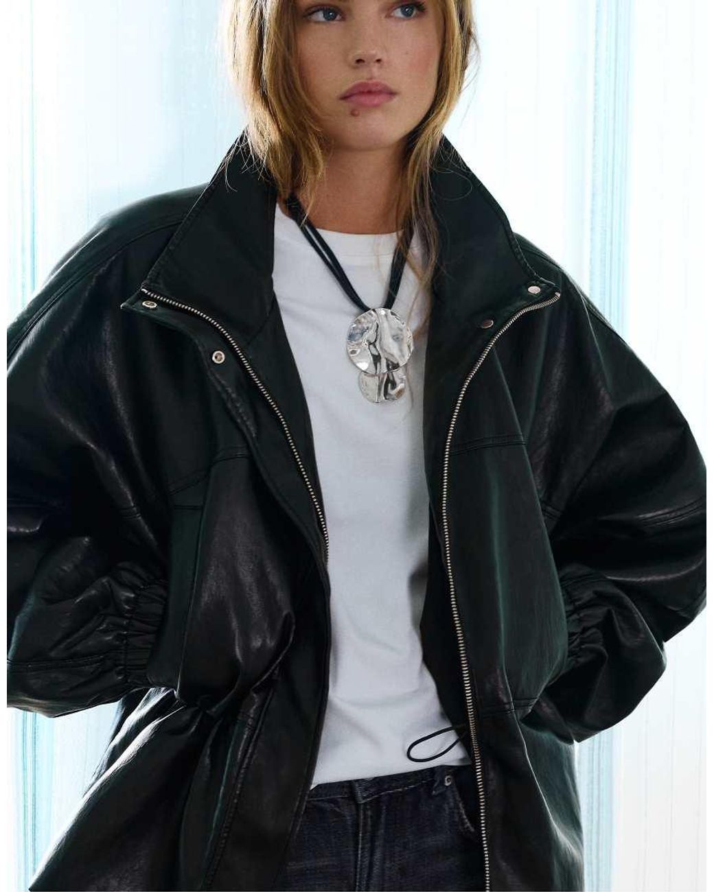 Pull&Bear Black Leather Effect High Neck Jacket