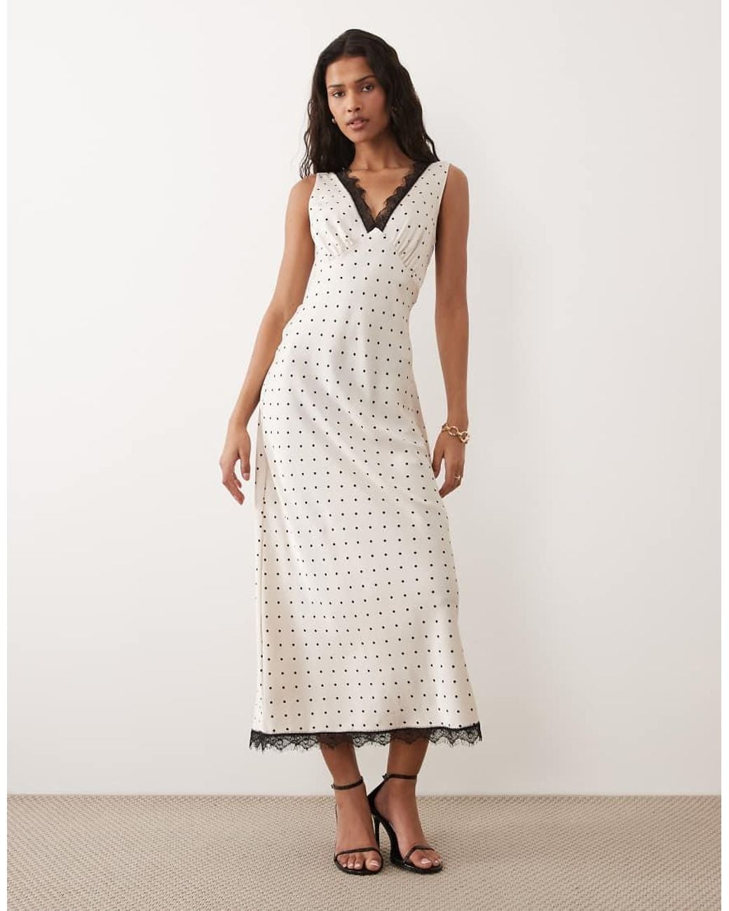 New Look Natural Polka Dot Satin Lace Midi Dress
