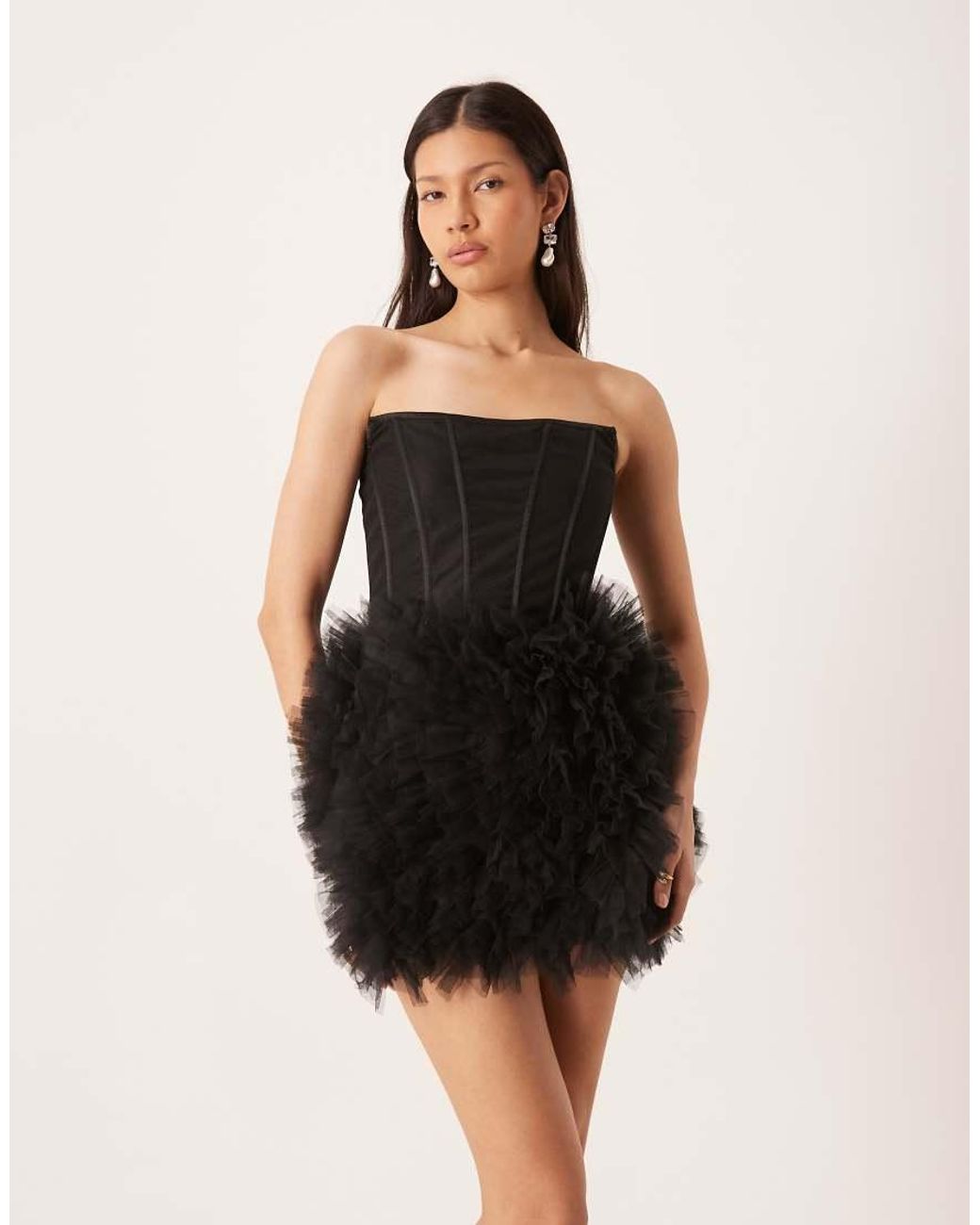 LACE & BEADS Black Bandeau Corset Detail Tulle Skirt Mini Dress
