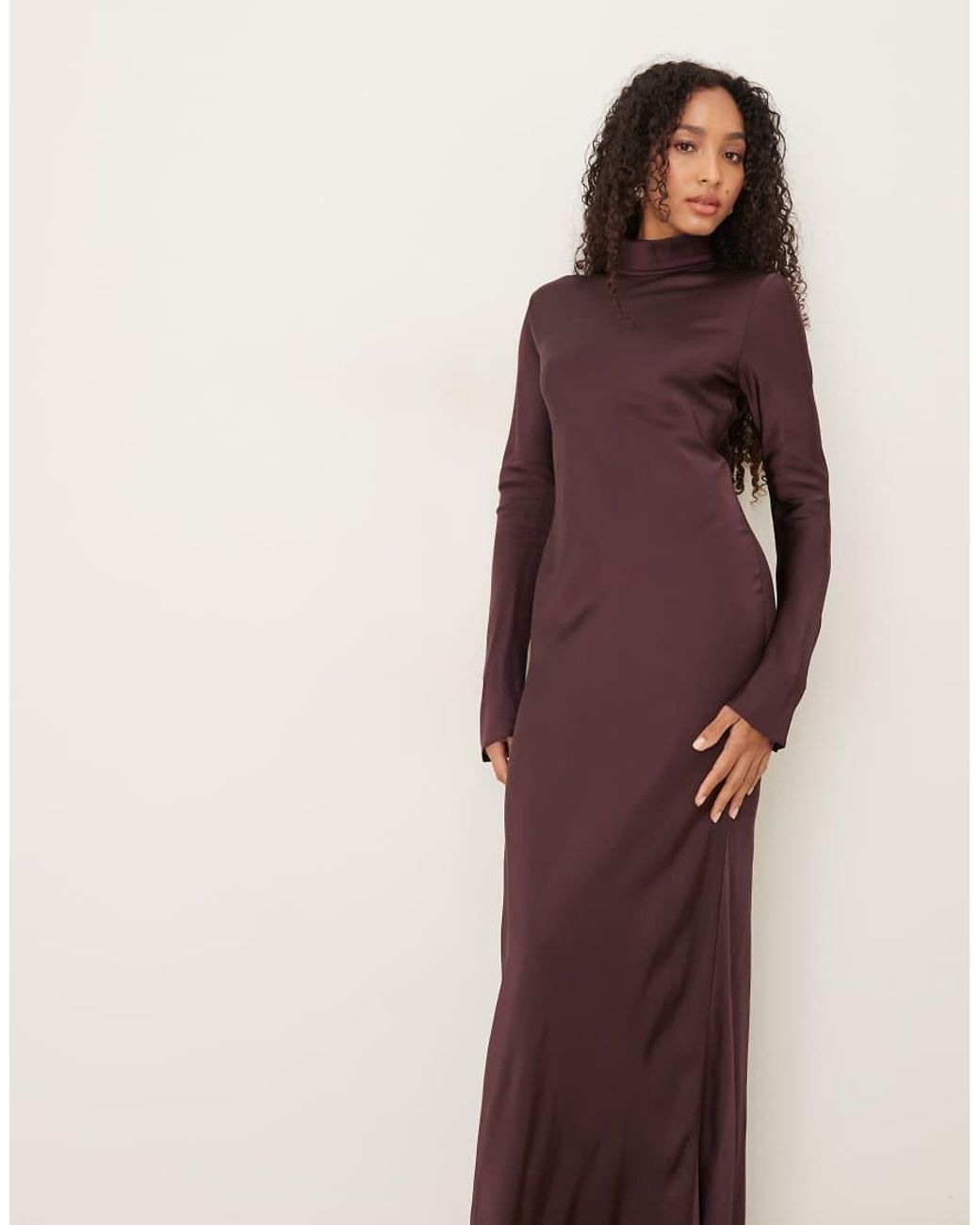Mango Red Capsule High Neck Satin Bias Maxi Dress Deep Plum