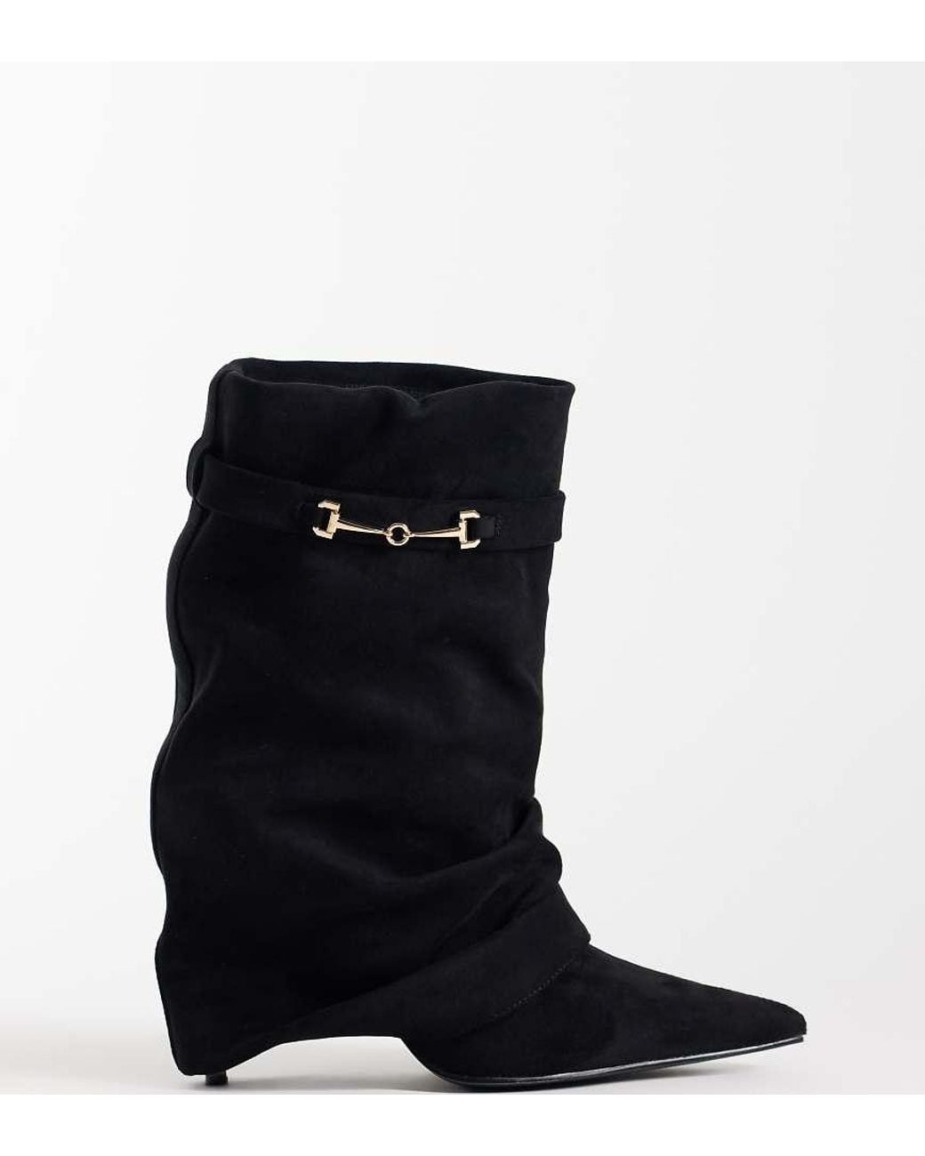 SIMMI Black Simmi London Wide Fit Sansa Fold Over Ruched Heeled Boots With Horsebit Detail