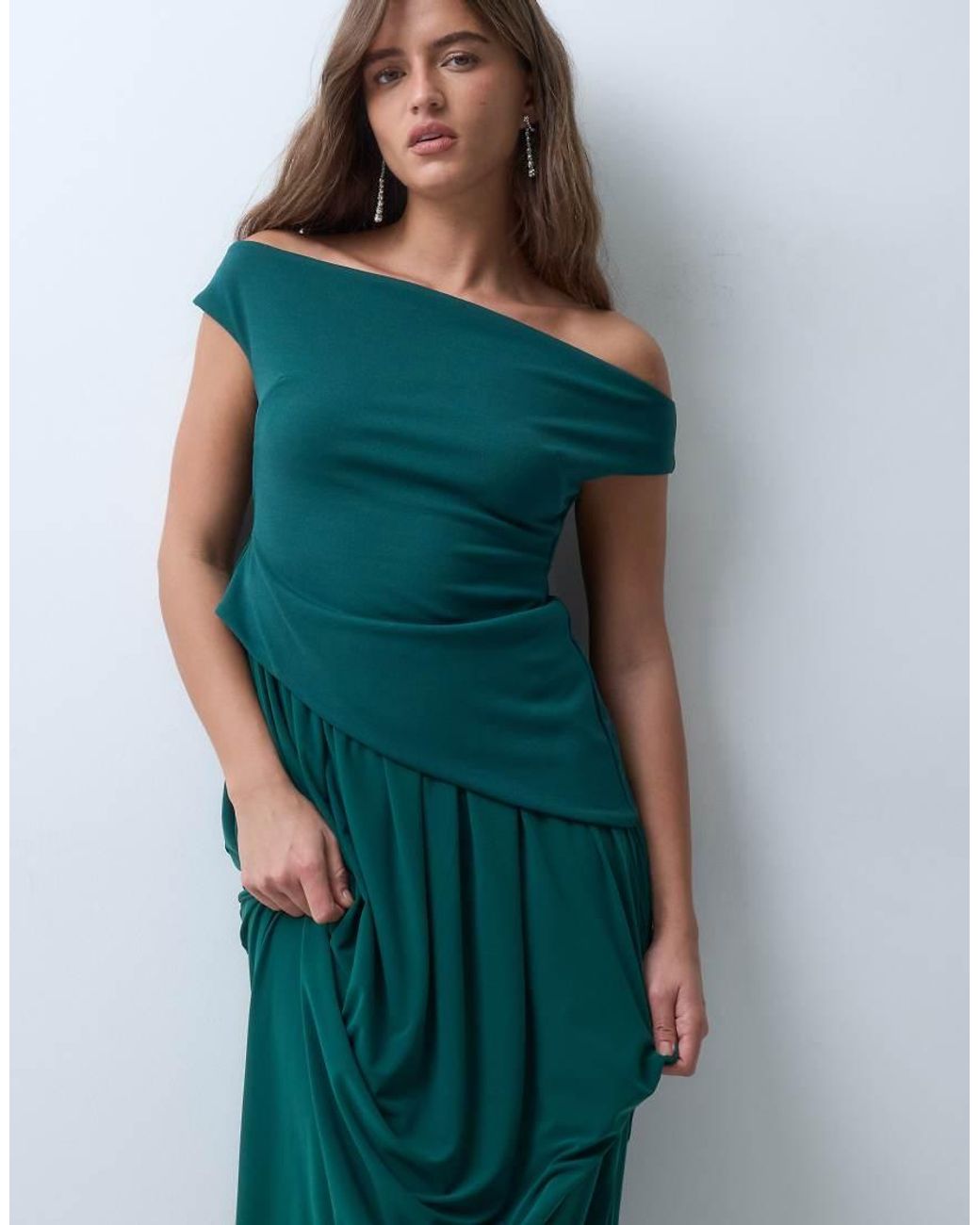 ASOS Green Off Shoulder Maxi Dress With Twisted Drape Skirt