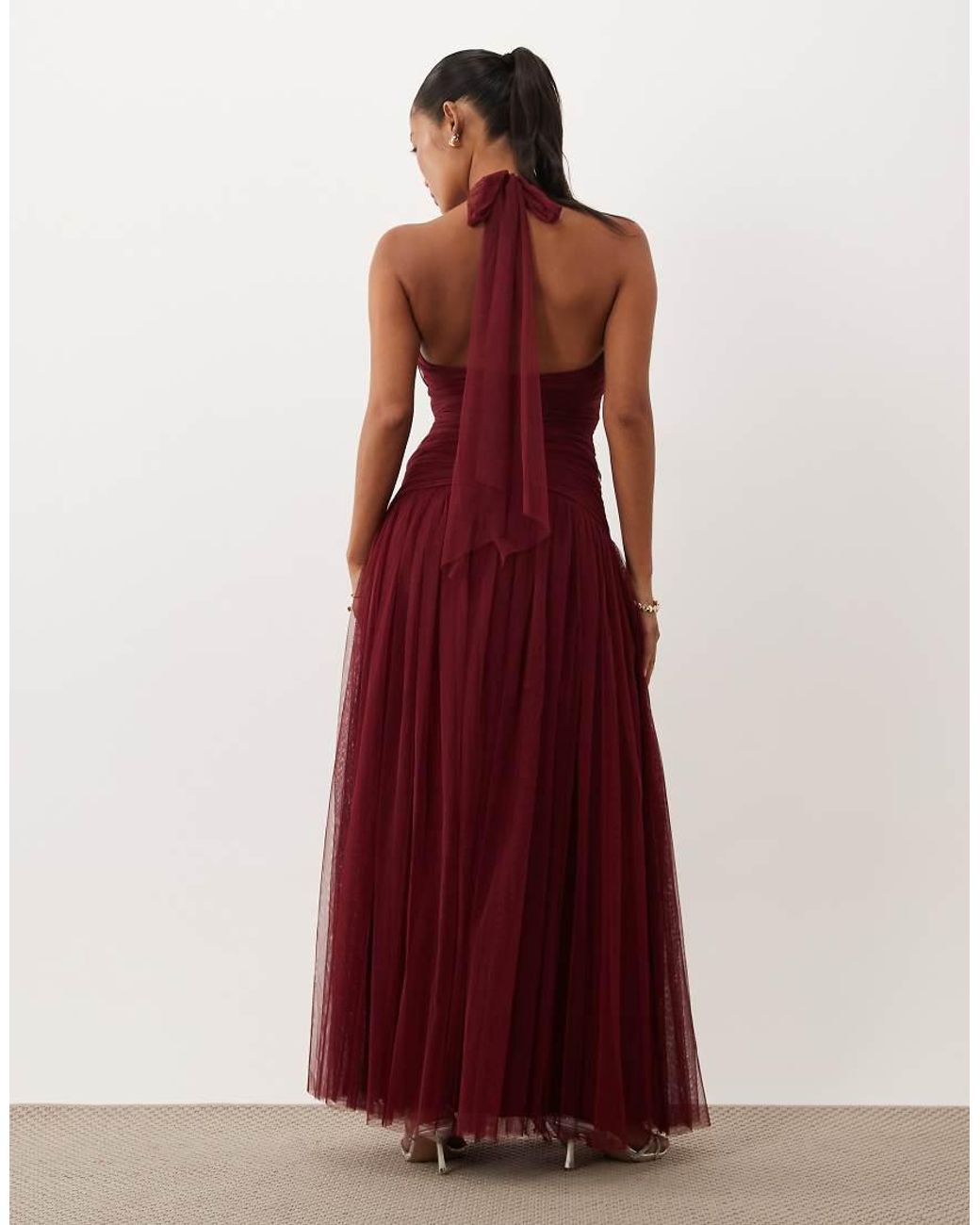 LACE & BEADS Structured Halter Neck Dropped Waist Maxi Dress