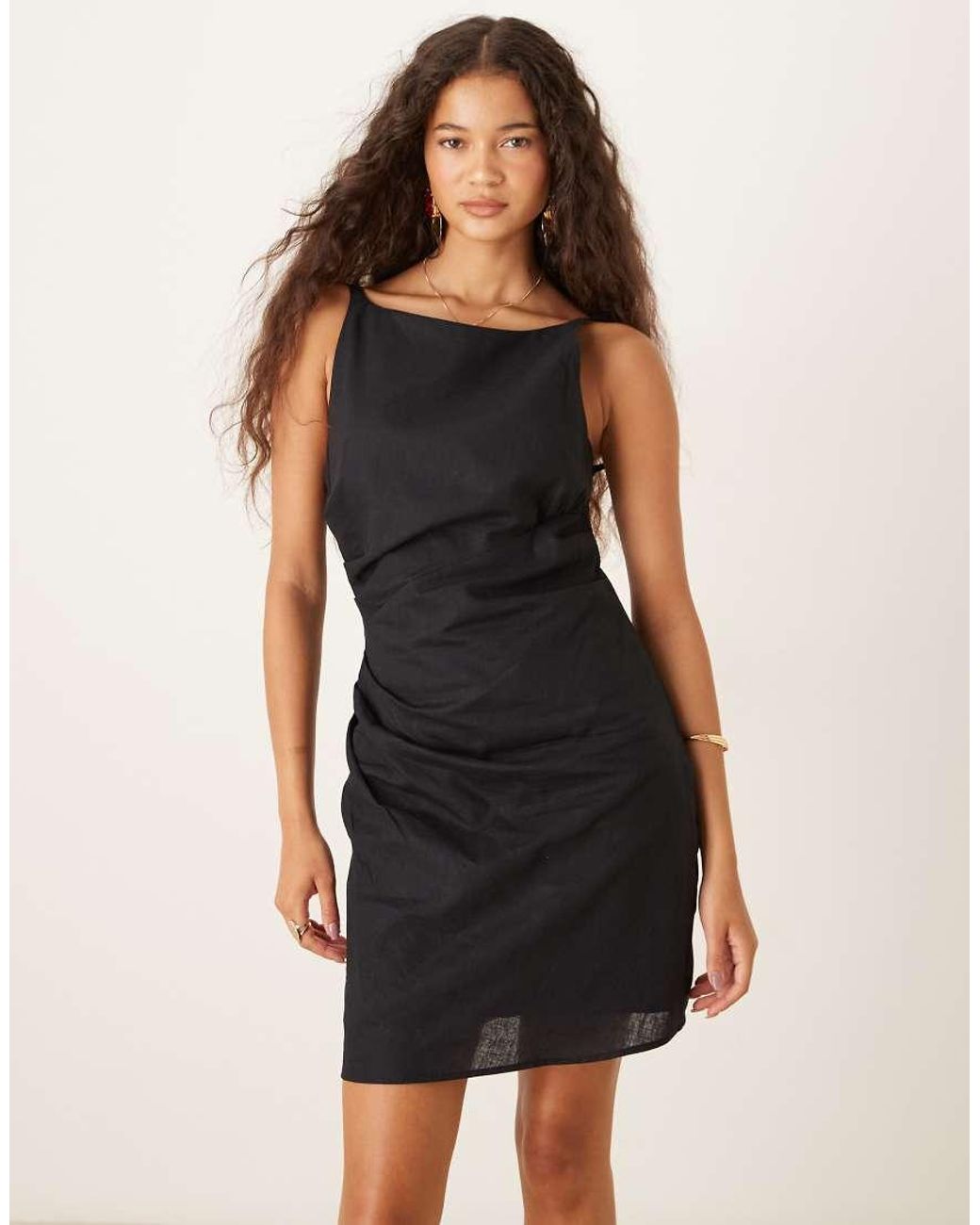 Mango Black Ruched Side High Scoop Neck Mini Dress