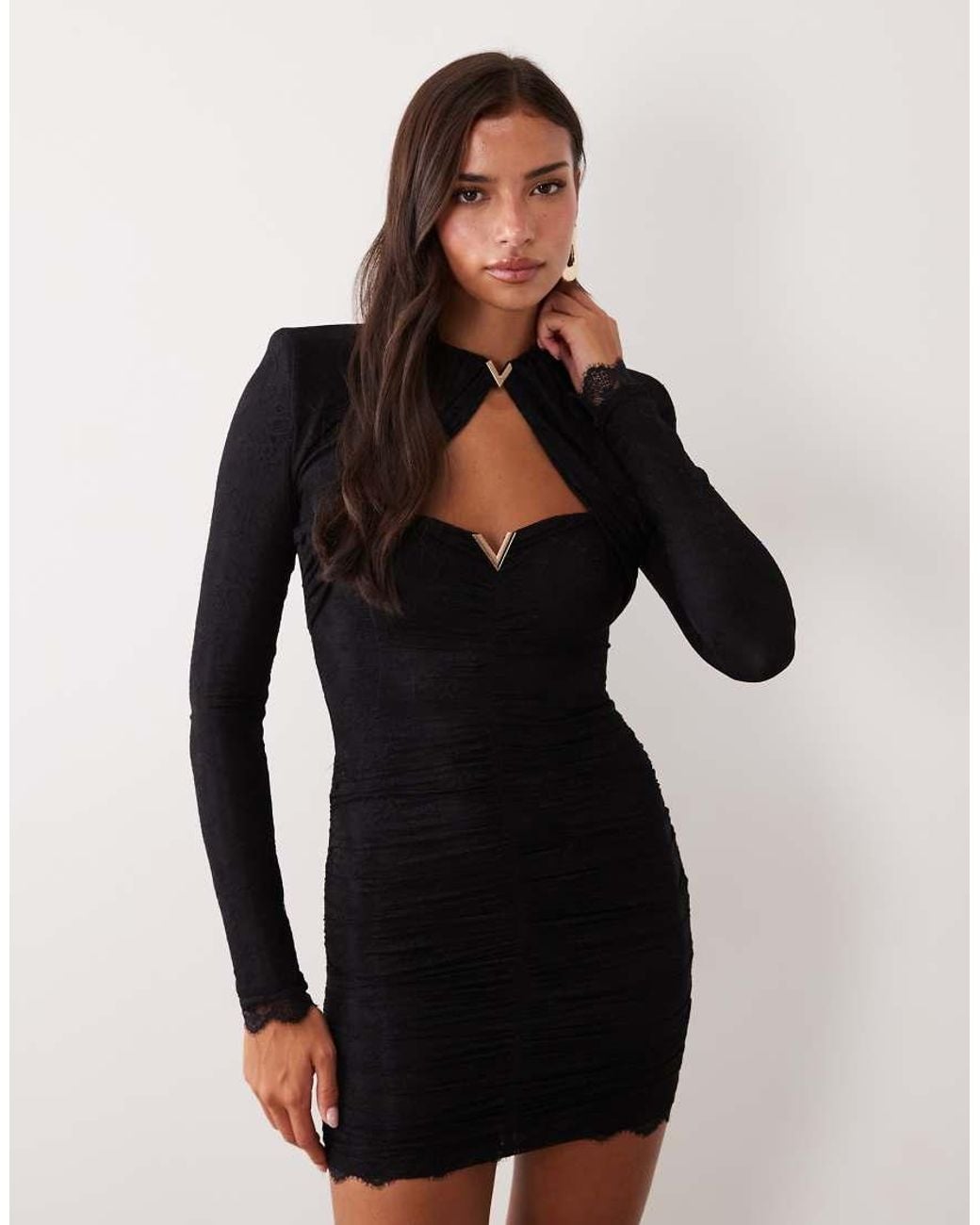 Ruched & Ready Black Contrast Lace Cut Out Shoulder Pad Detail Mini Dress