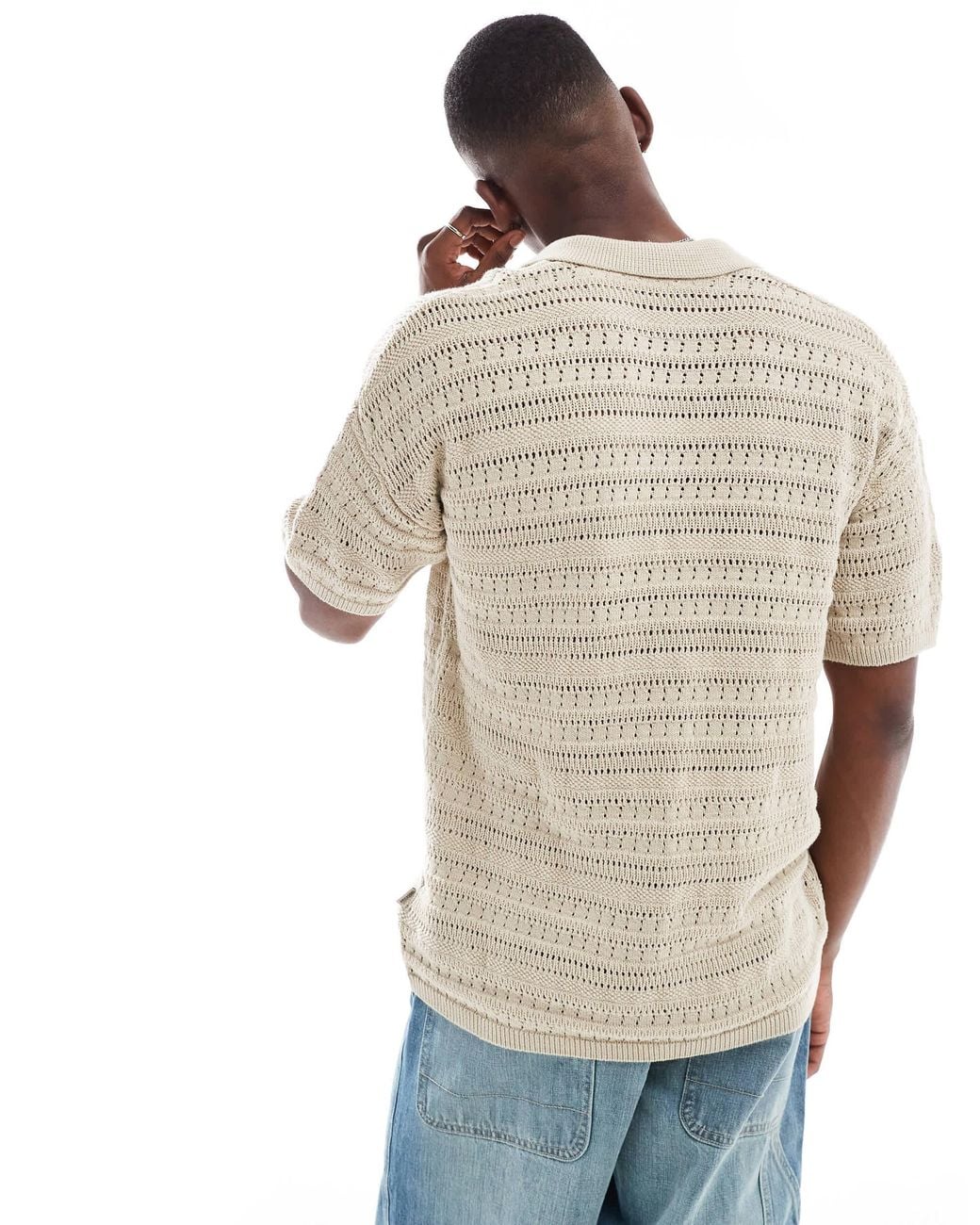 Only & Sons Natural Drop Shoulder Open Knit Split Neck Polo for men