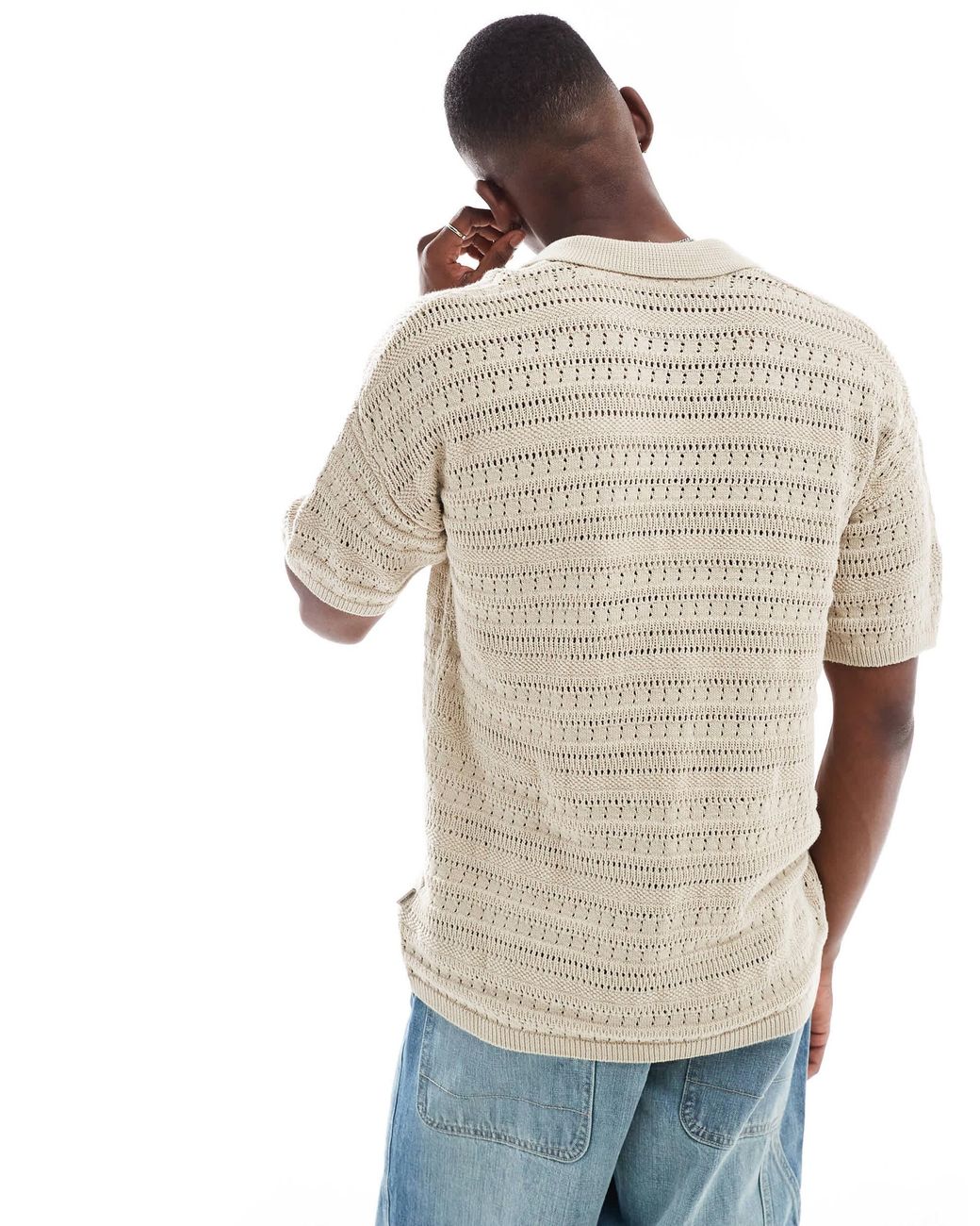 Only & Sons Natural Drop Shoulder Open Knit Split Neck Polo for men