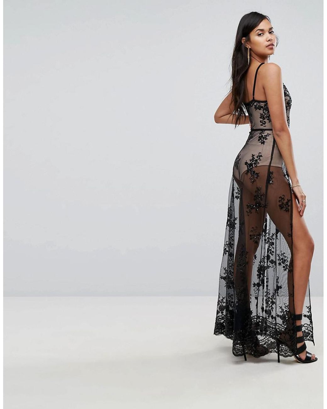 Naanaa Sheer Sequin Lace Maxi Dress With Bodysuit in Black | Lyst