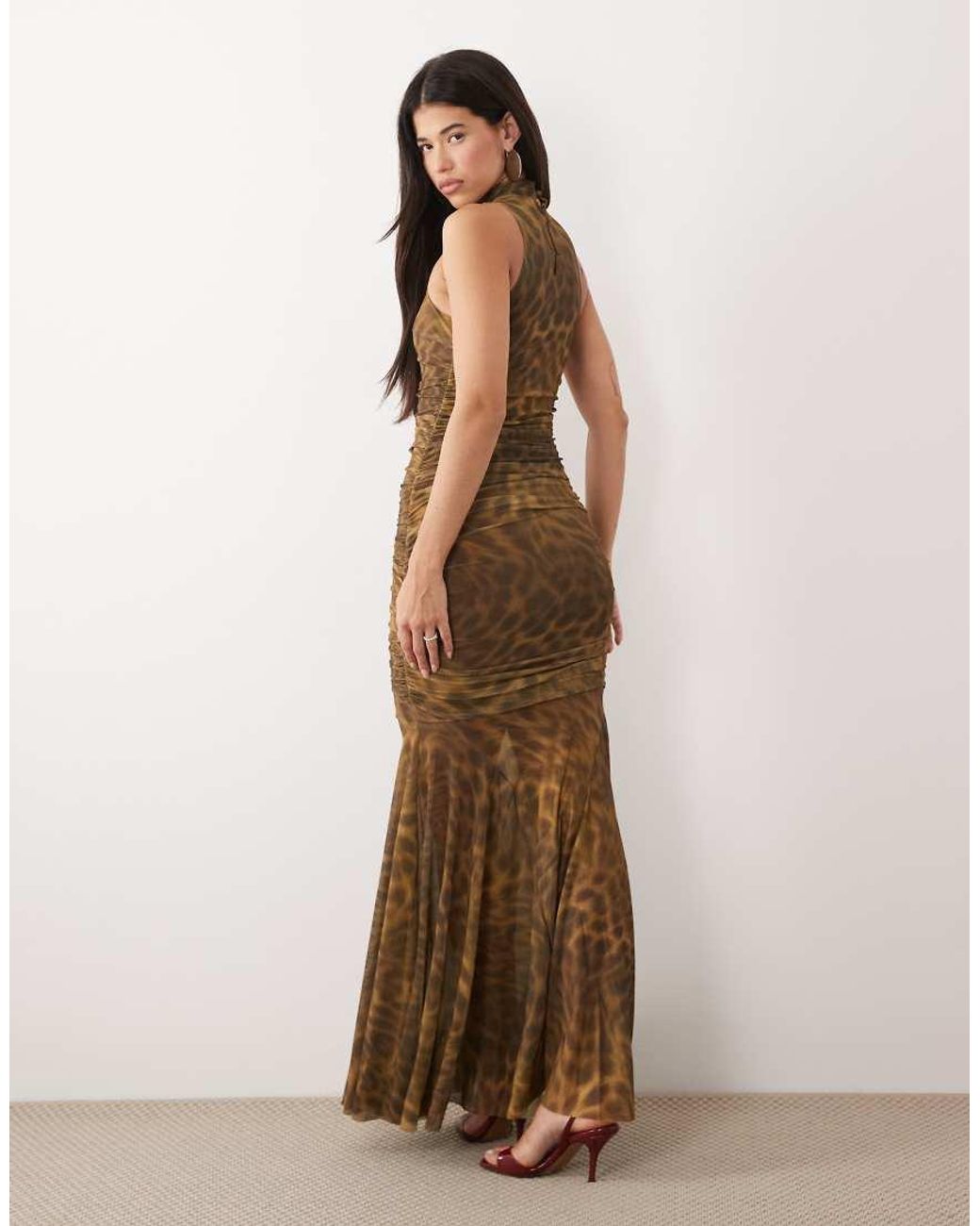Ruched & Ready Natural Sculpting Mesh High Neck Sleeveless Drape Fishtail Hem Maxi Dress