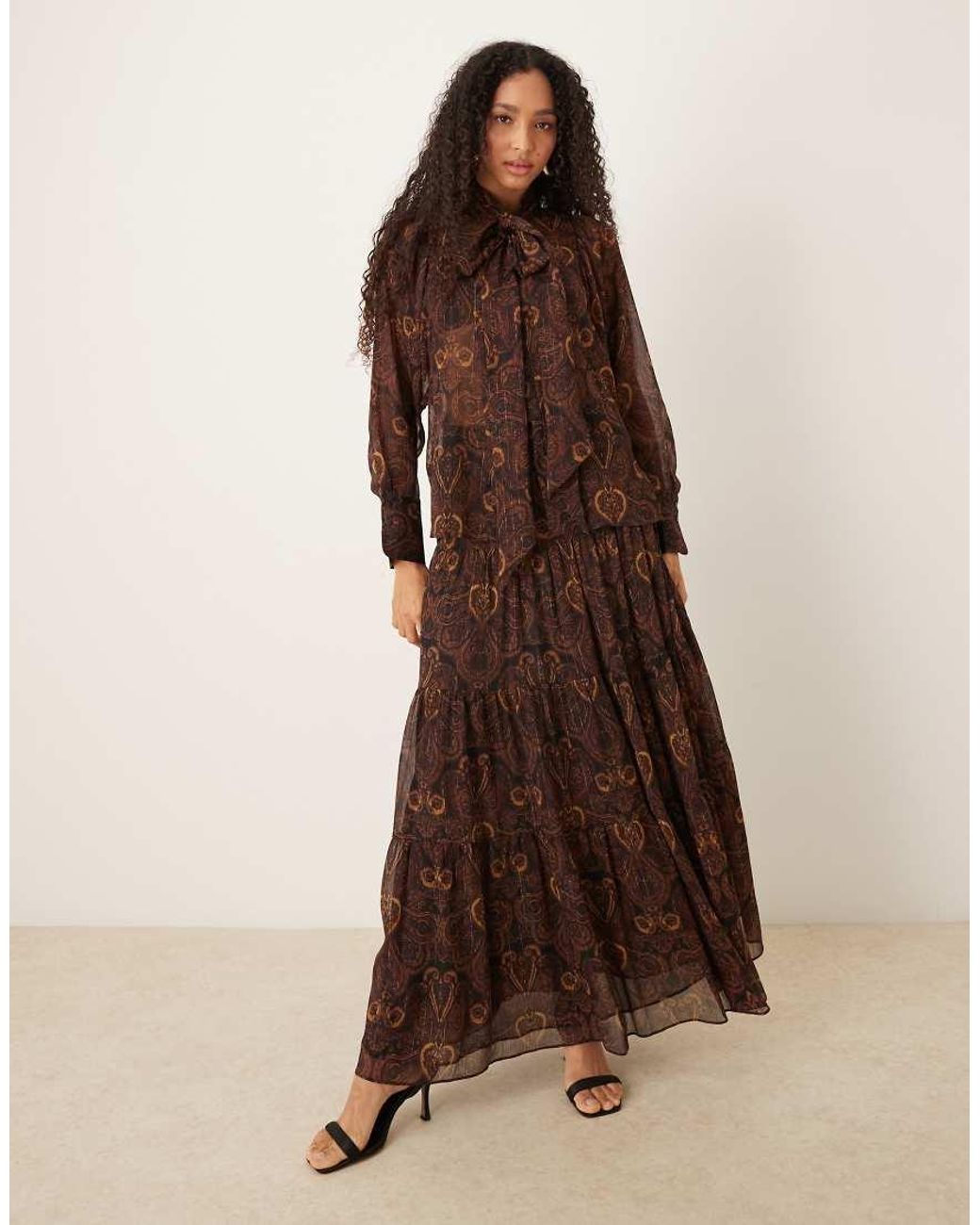 Mango Brown Chiffon Blouse With Neck Tie Co-ord