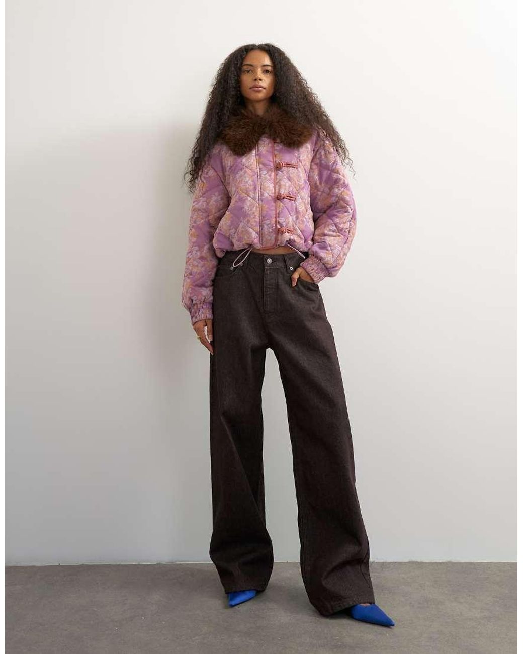 TOPSHOP Pink Printed Fur Collar Jacket