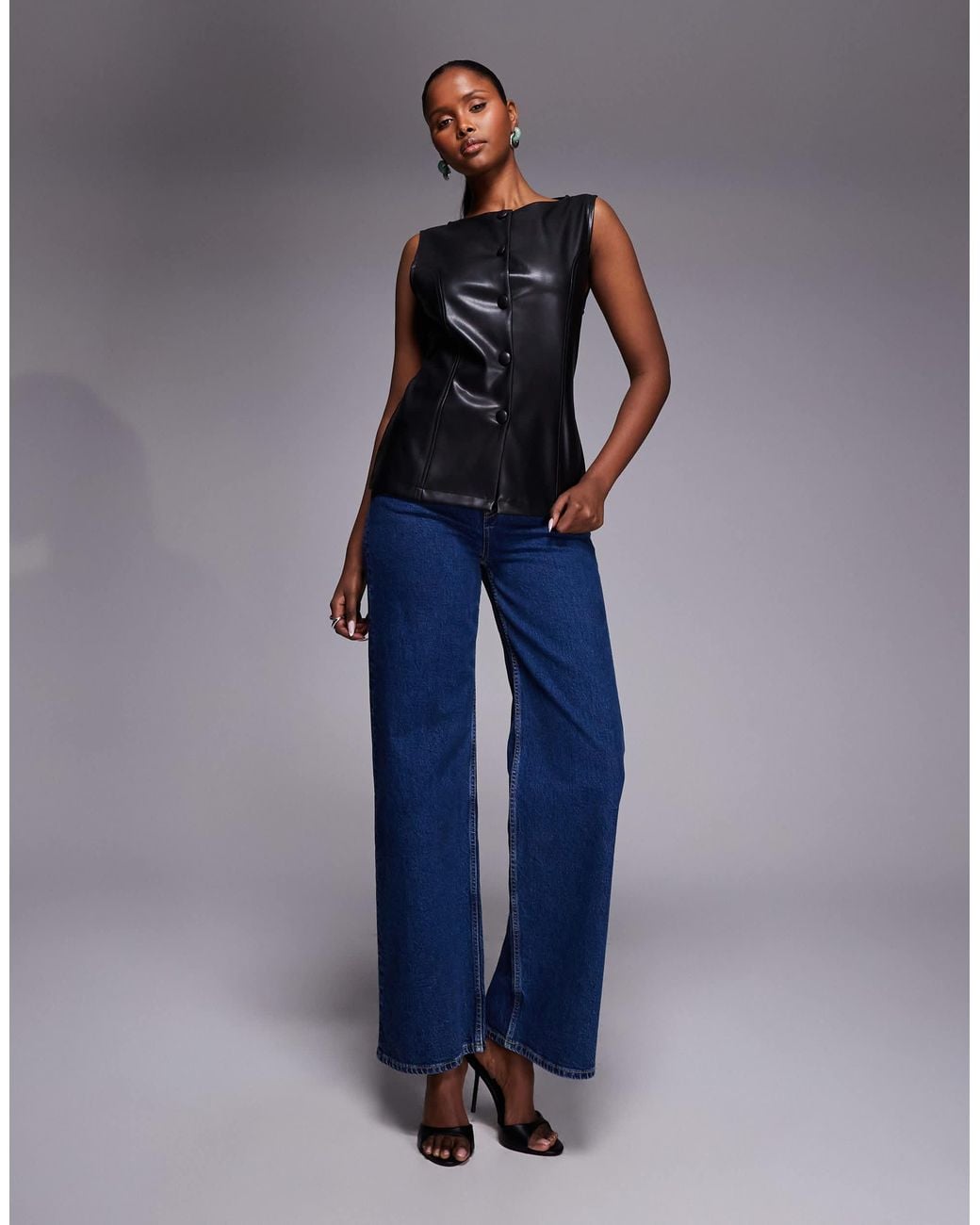 ASOS Blue Button Through Sleeveless Pu Top