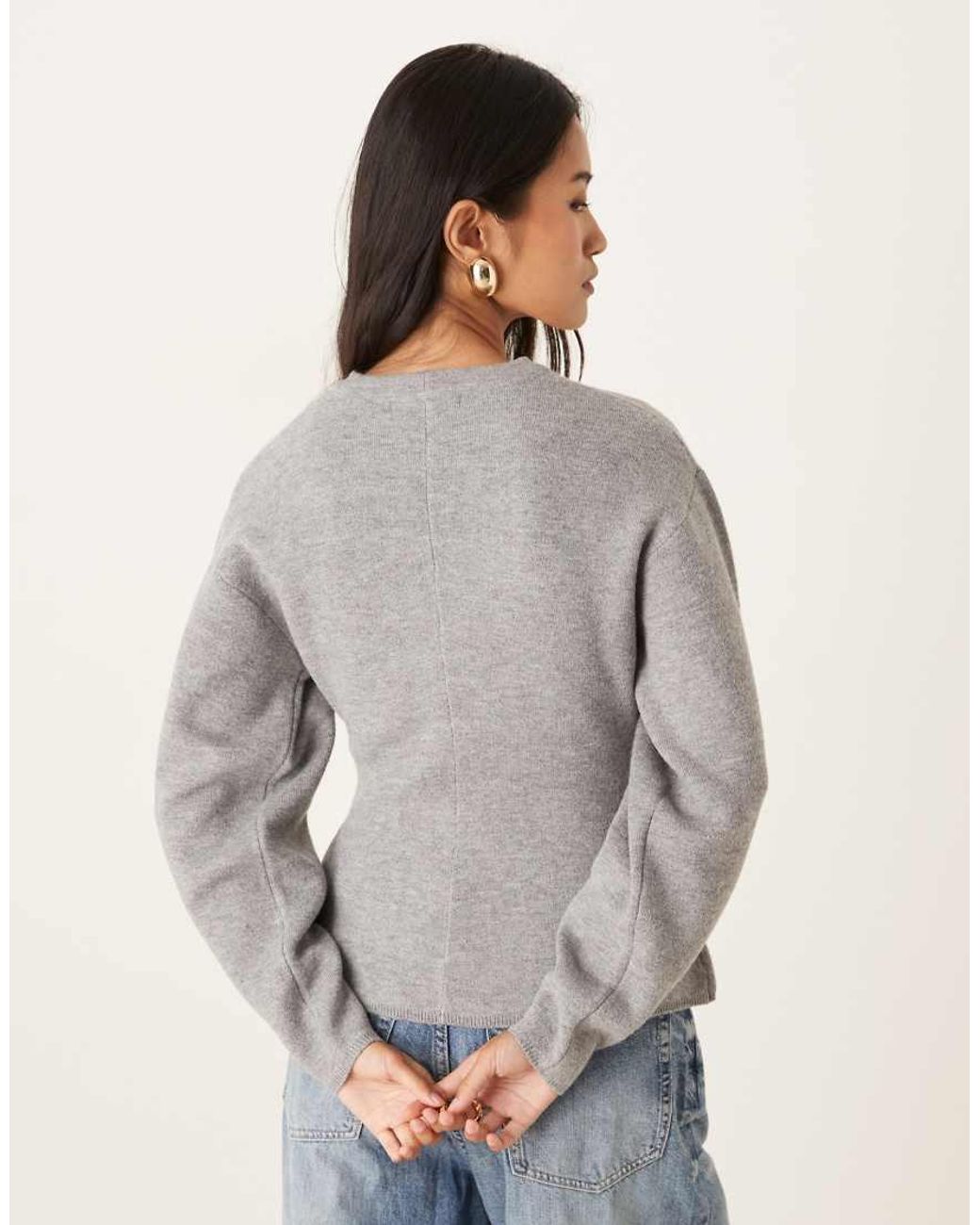 Gina Tricot Gray Long Sleeve Sculpted Crew Neck Knitted Peplum Sweater