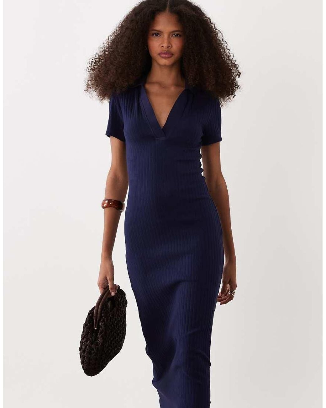 ASOS Blue Ribbed Short Sleeve Polo Midi Dress