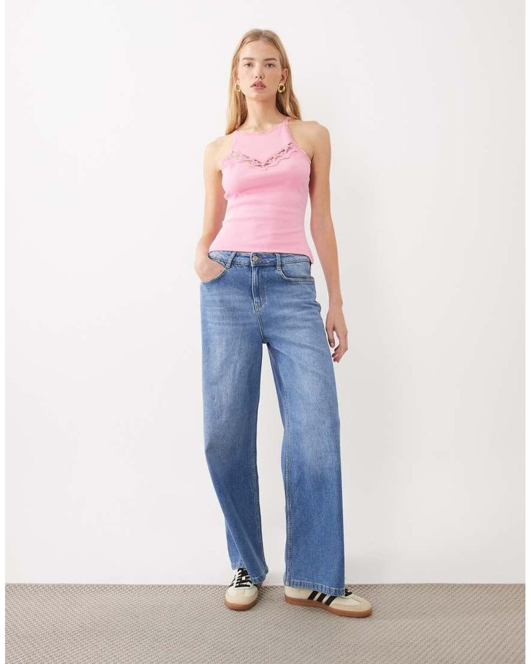Miss Selfridge Pink Rib Tank With Lace Insert