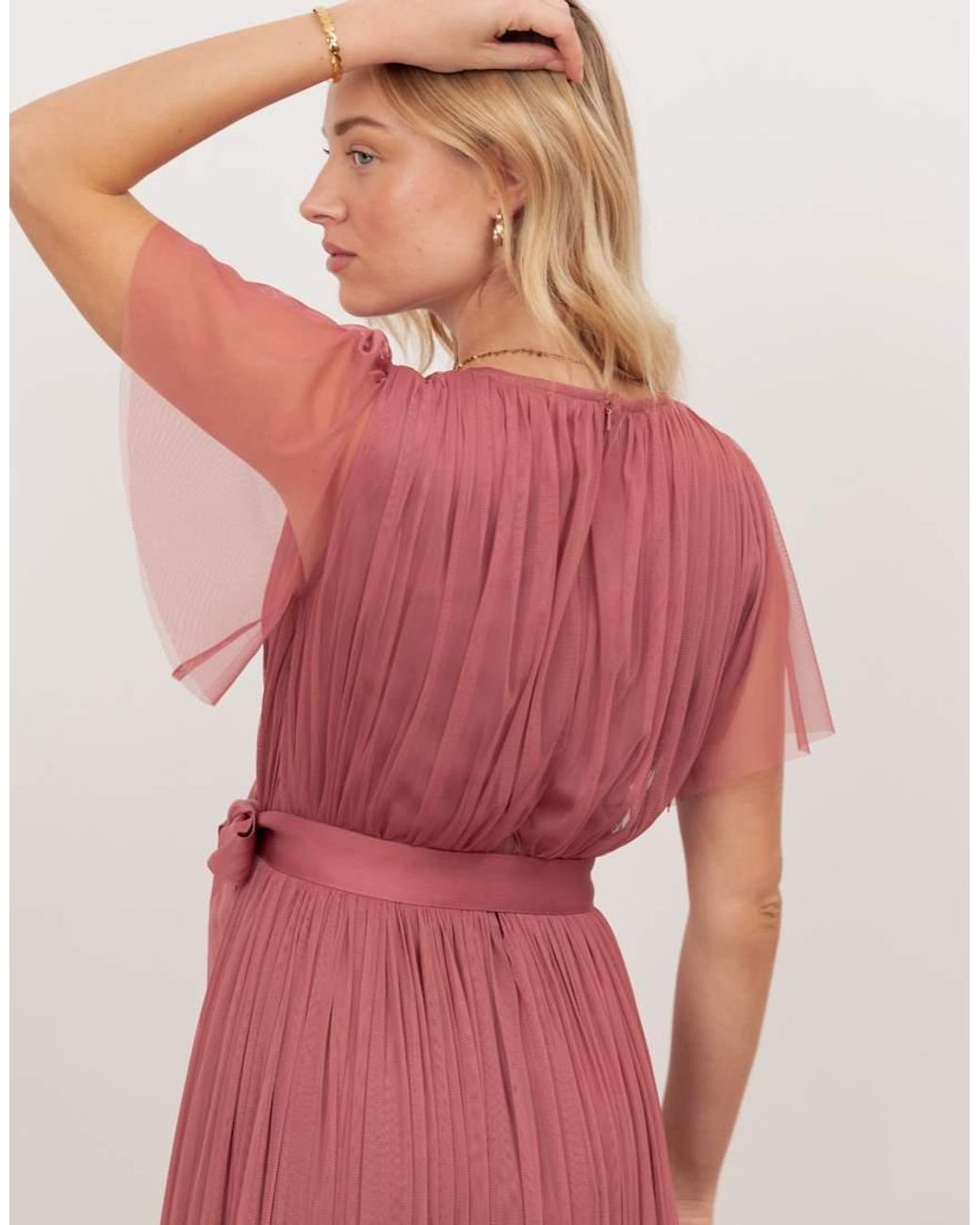 ANAYA Red Tulle Faux Wrap Short Sleeve Maxi Dress