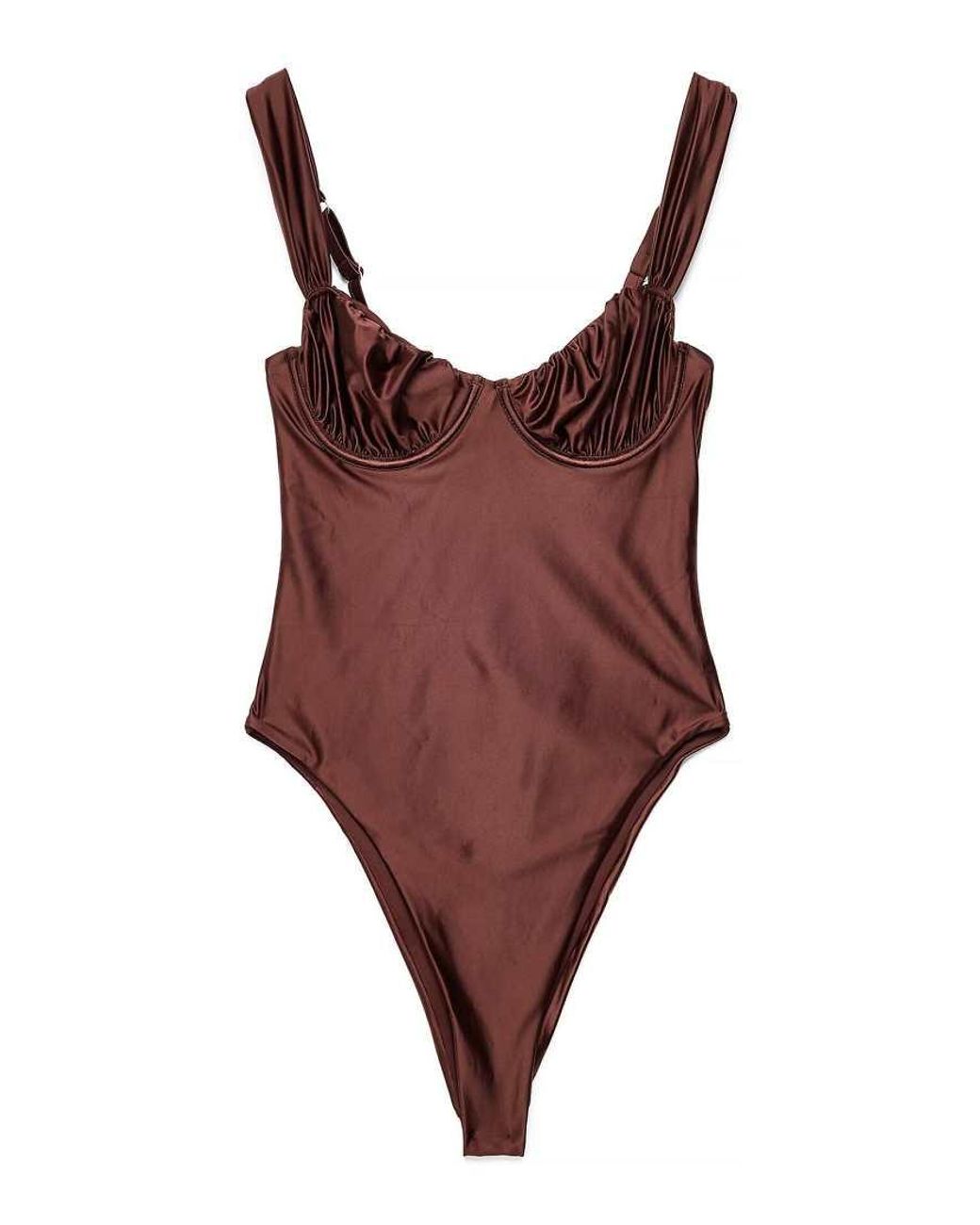NA-KD Brown Shiny Wide Strap Swimsuit