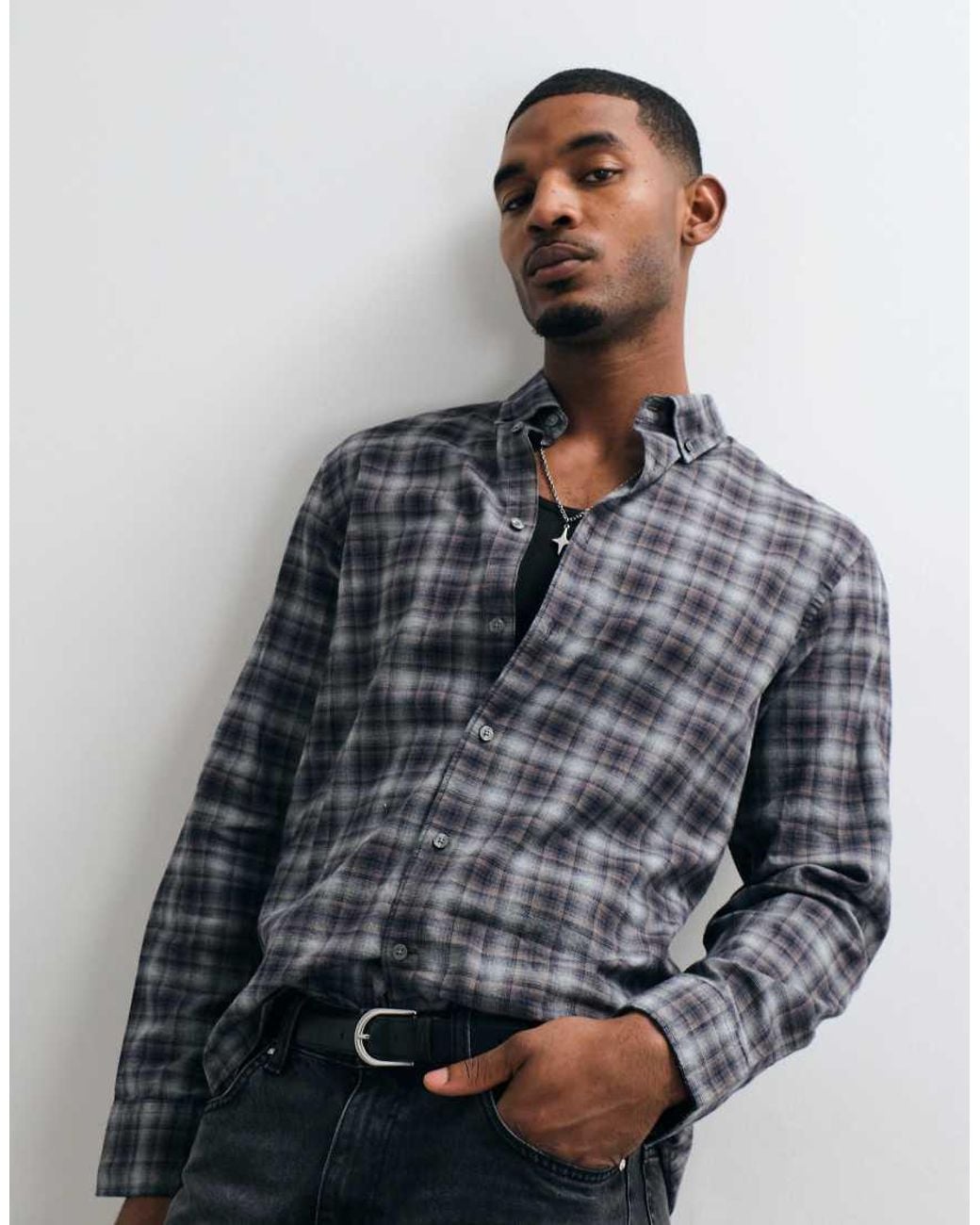 SELECTED Gray Long Sleeve Check Shirt for men