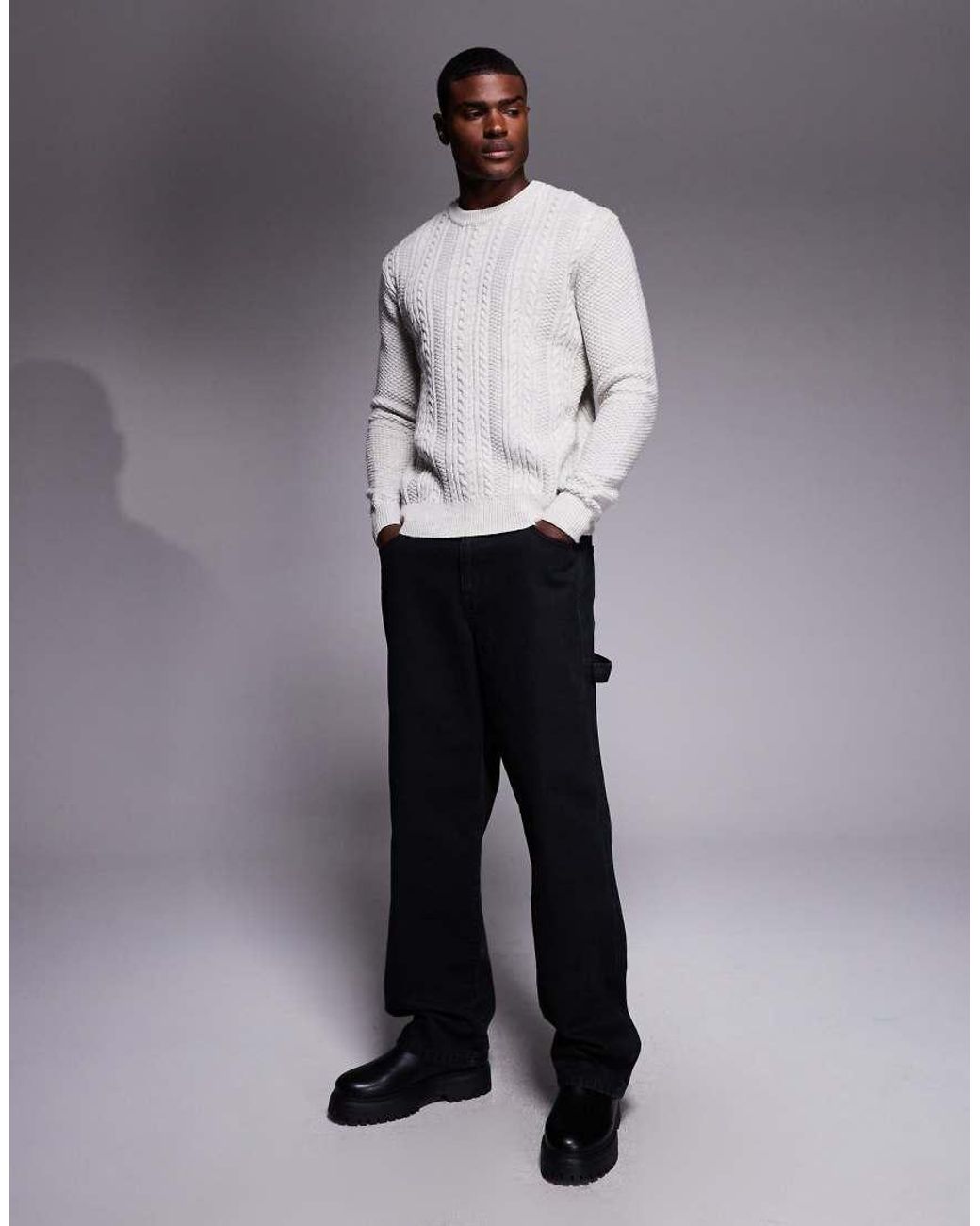 River Island Gray Cable Knit Jumper for men