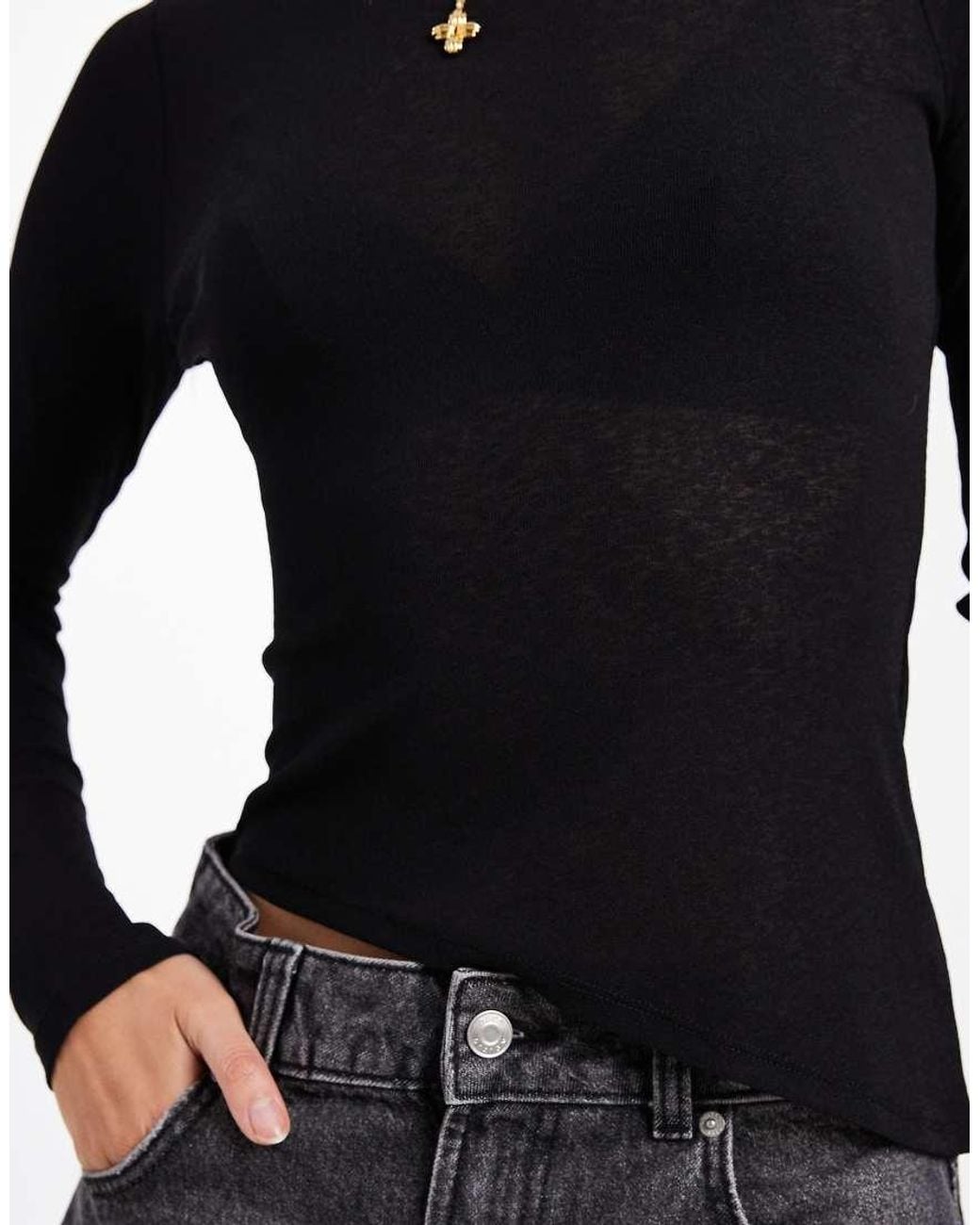 ASOS Black Sheer Mesh Long Sleeve Top With Asymmetric Hem