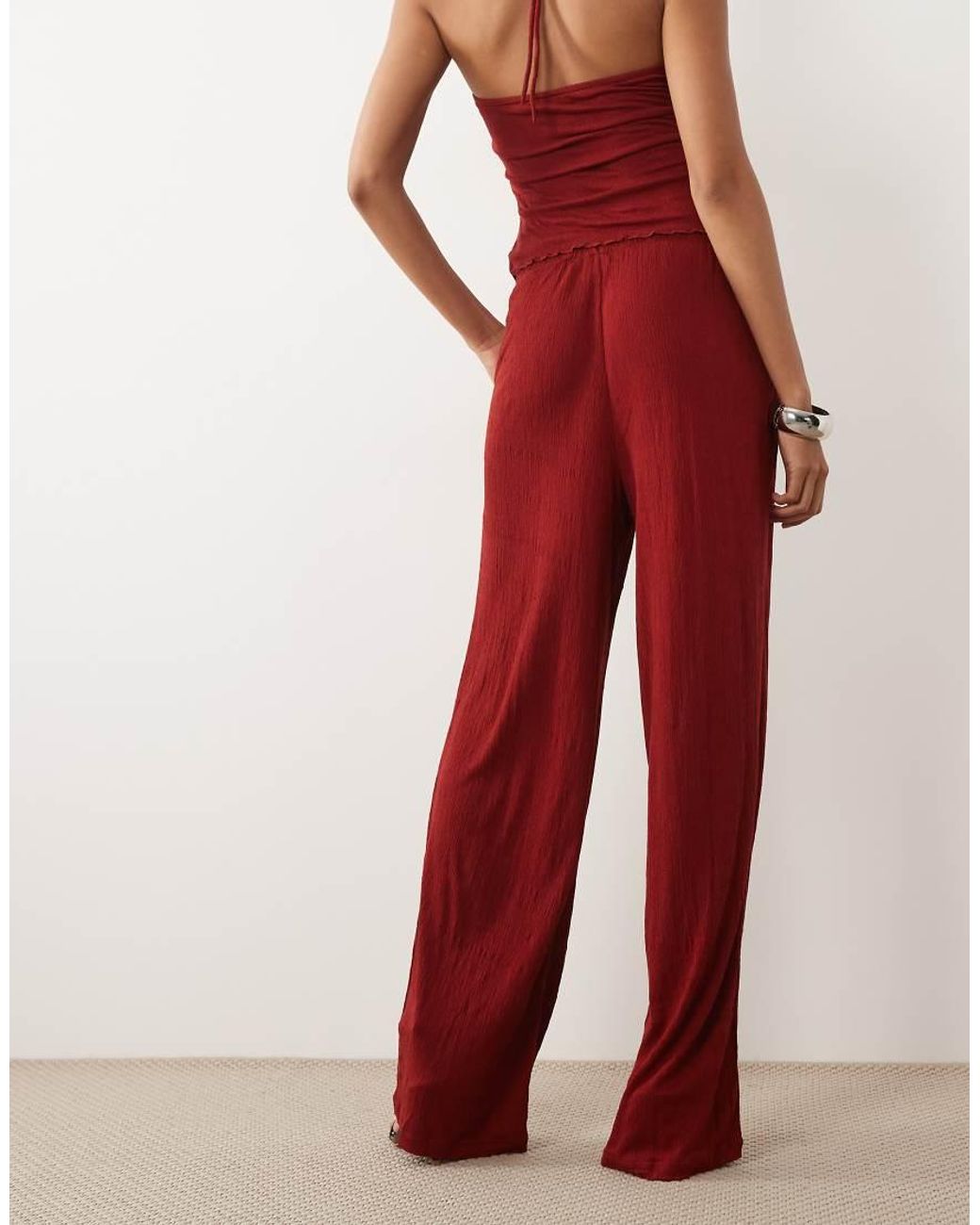 ASOS Red Crinkle Wide Leg Drawstring Pants