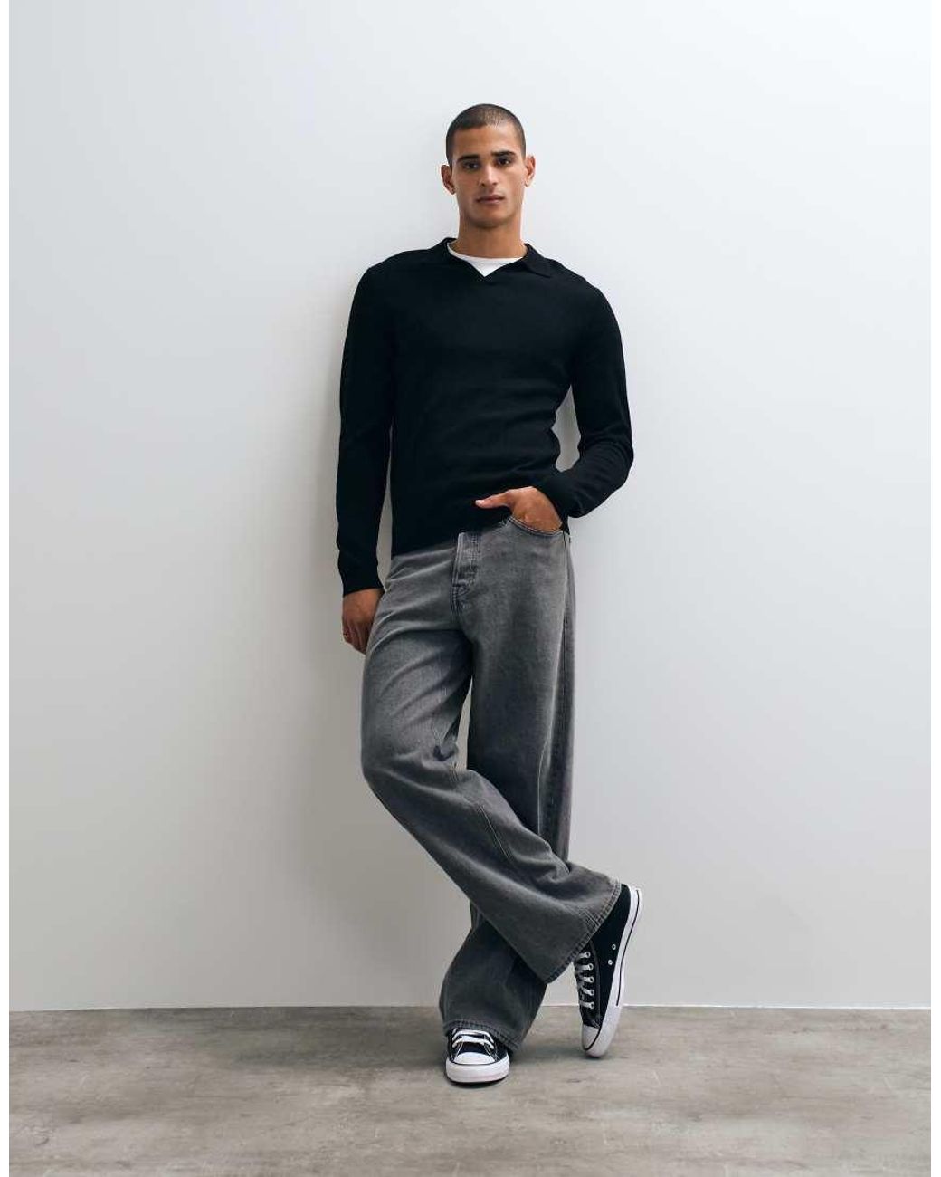 ASOS Black Knitted Long Sleeve Pure Merino Wool Notch Neck Polo for men