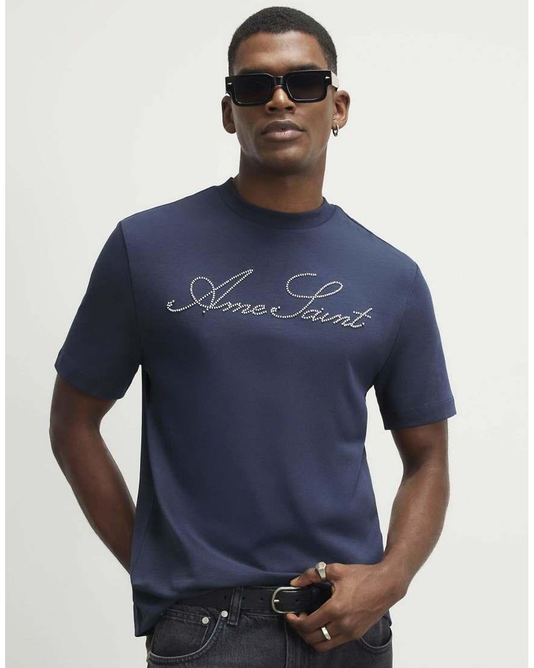 River Island Blue Cotton Ame Saint Beaded T-Shirt for men