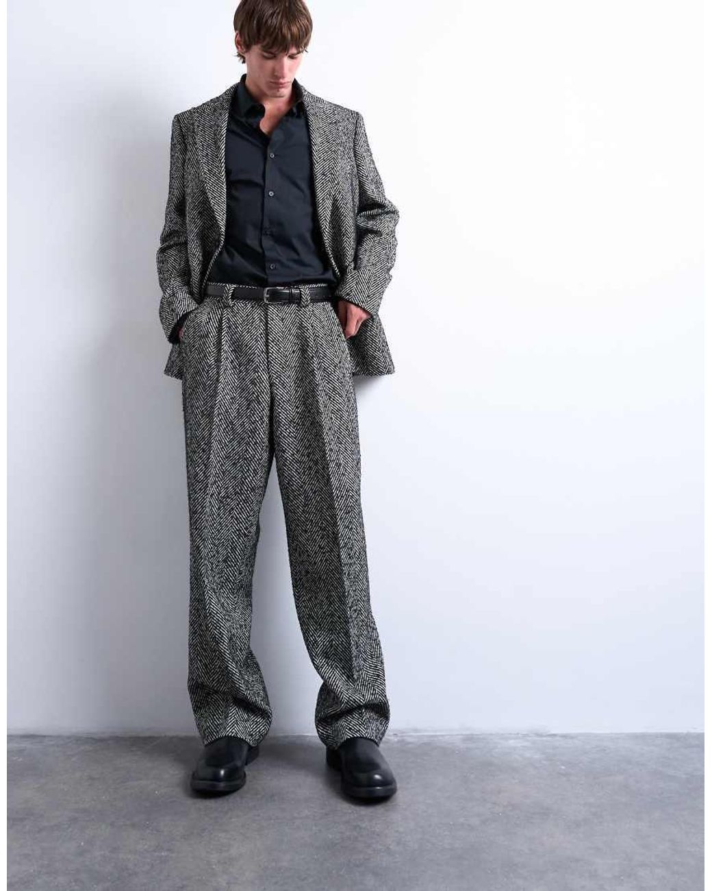 Topman Metallic Wide Leg Wool Blend Herringbone Trousers for men
