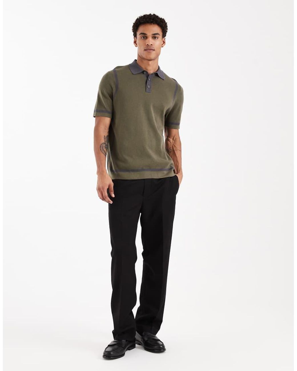 ASOS Green Knitted Polo With Panel Detail for men