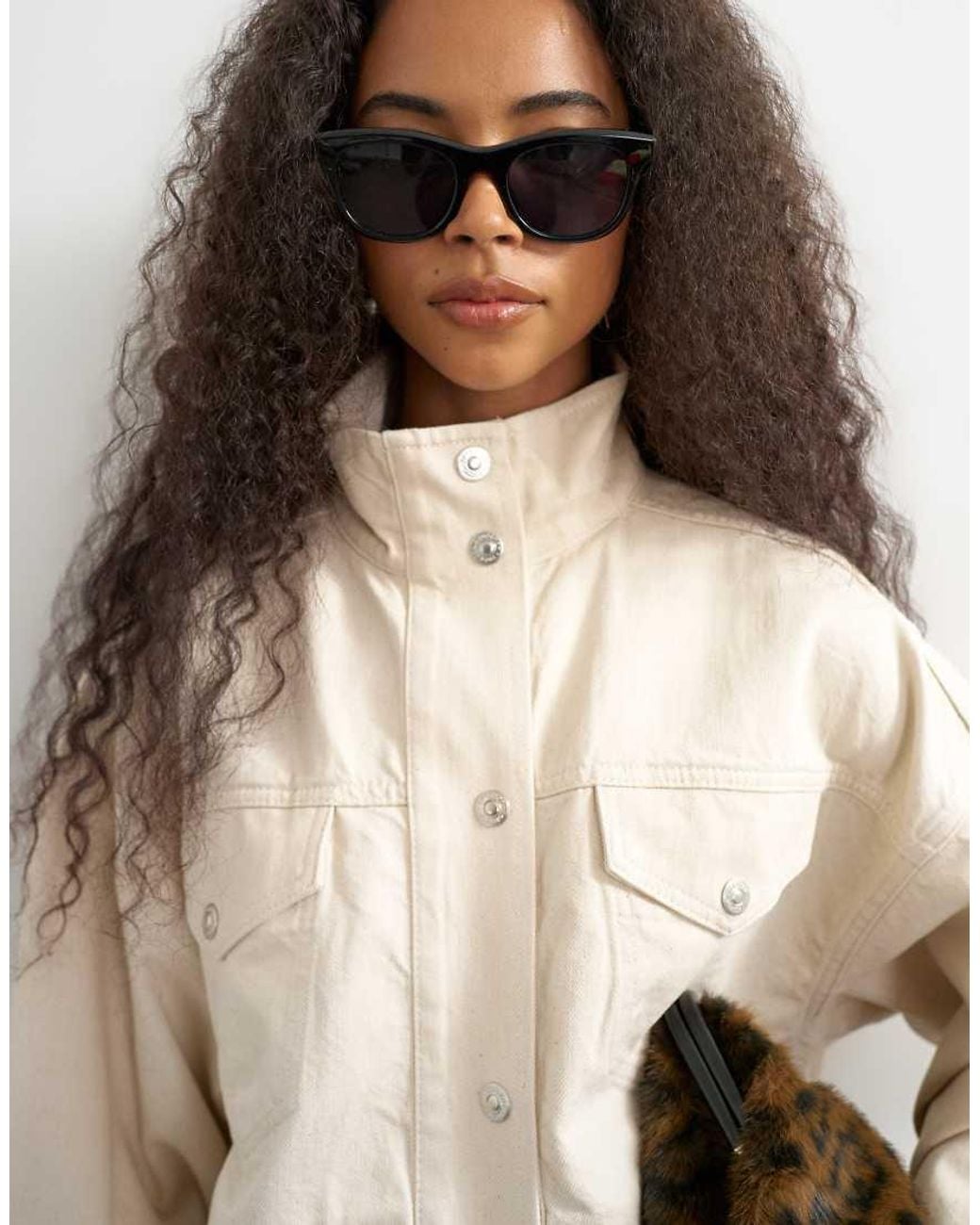 TOPSHOP Natural Funnel Neck Denim Jacket Elasticated Hem