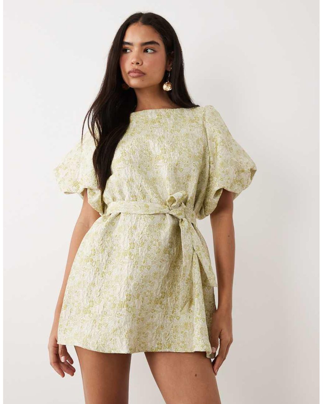 Vila Natural Short Sleeve Tapestry Floral Jacquard Mini Dress