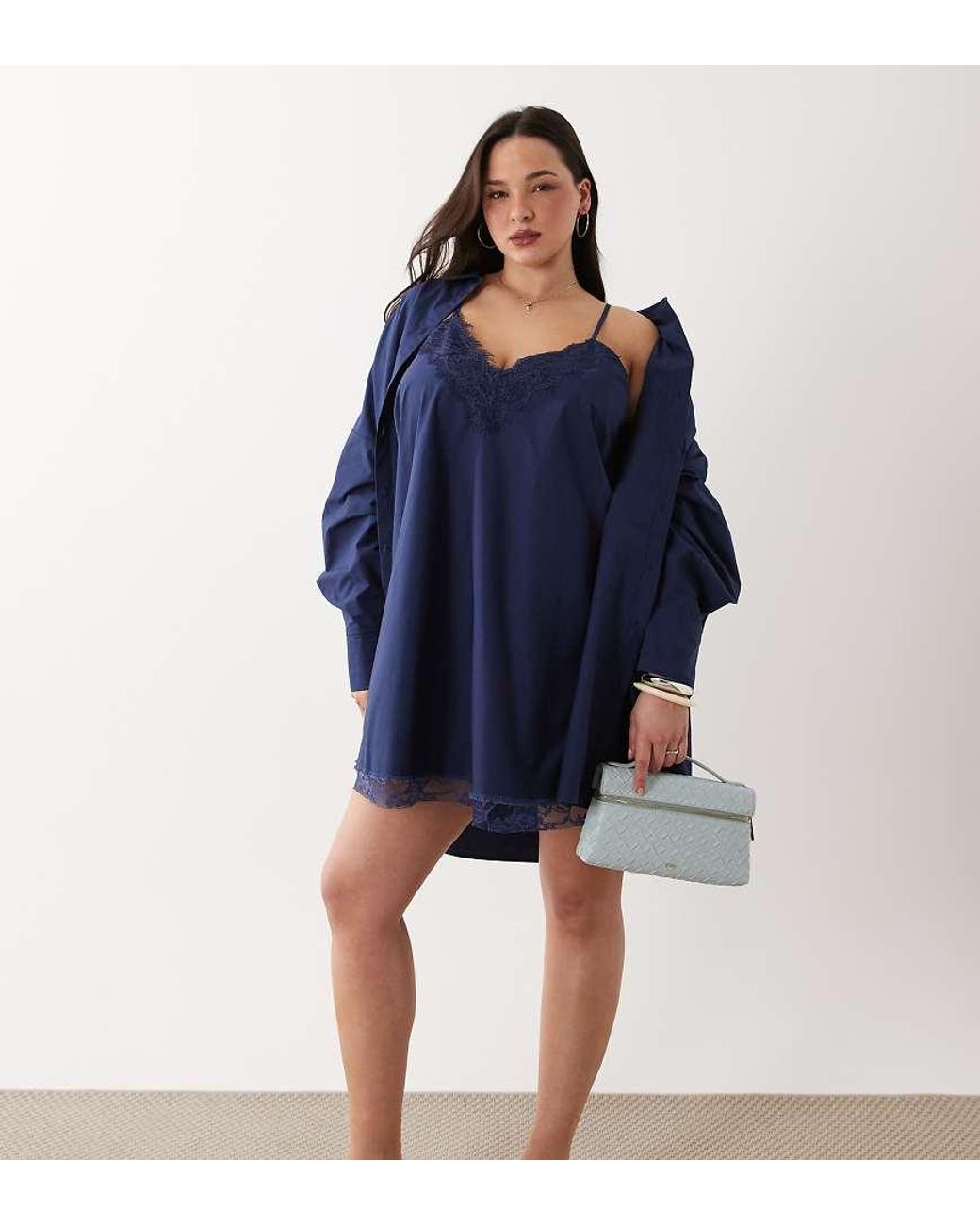 ASOS Blue Asos Design Curve Cami V Neck Mini Sundress With Lace Overlay