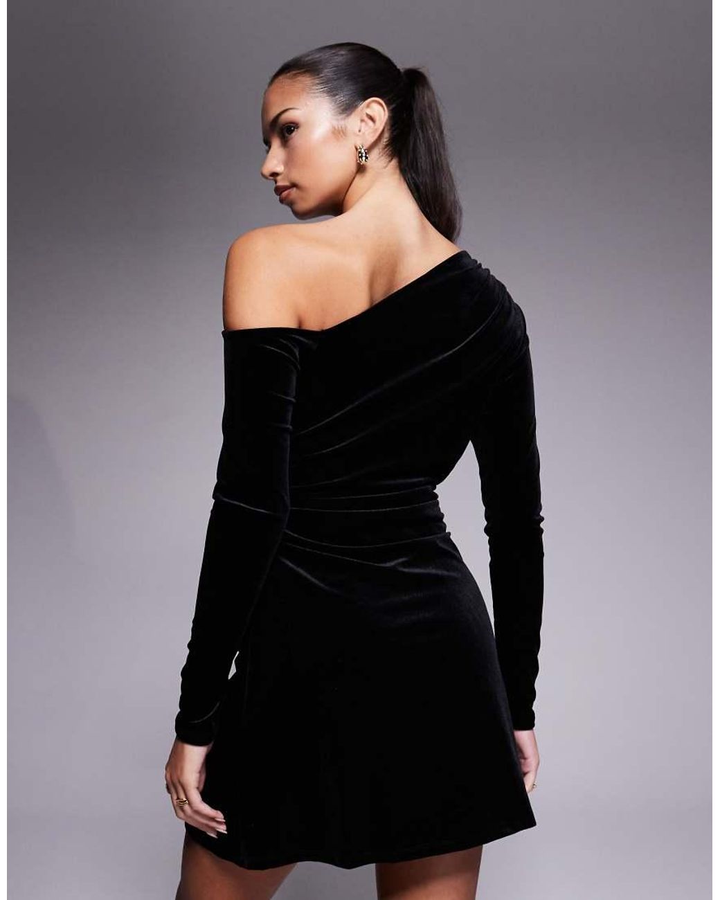ASOS Black Velvet Fallen Shoulder Mini Dress
