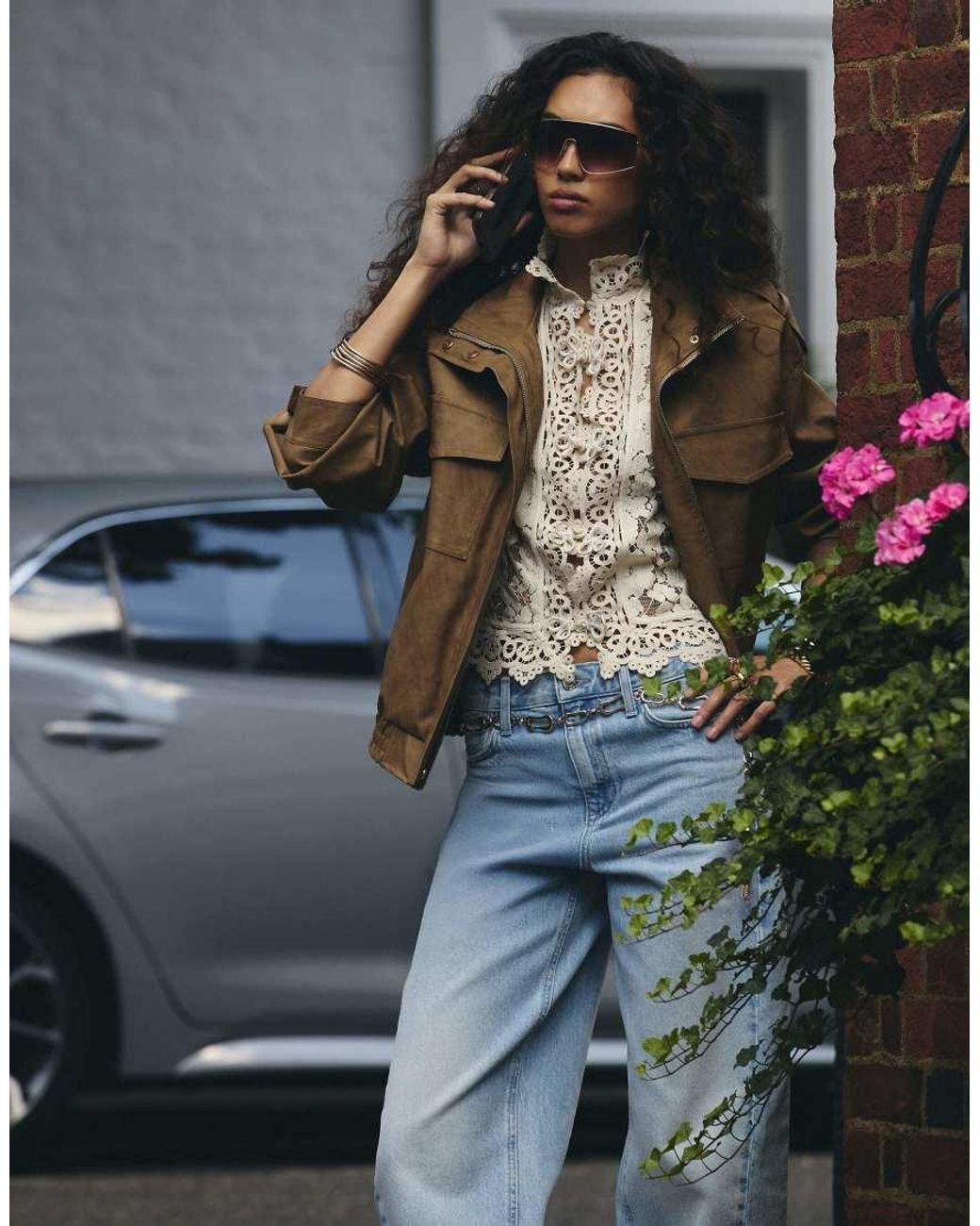 River Island Brown Faux Leather Washed Funnel Neck Jacket