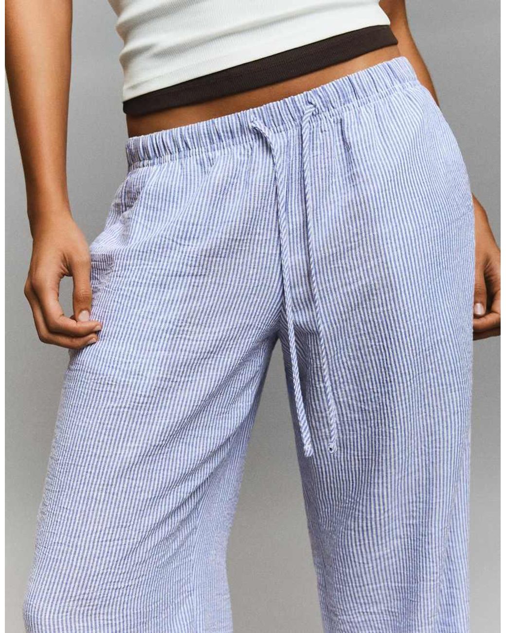 Bershka Blue Petite Linen Rich Trousers With An Elasticated Waistband