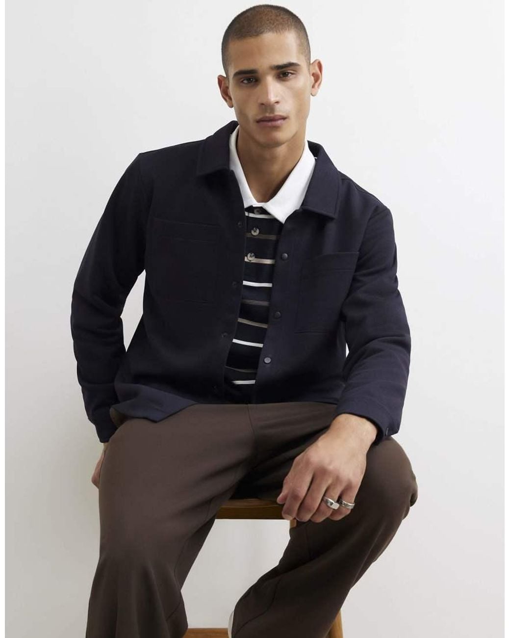 River Island Blue Slim Fit Pique Double Pocket Jacket for men