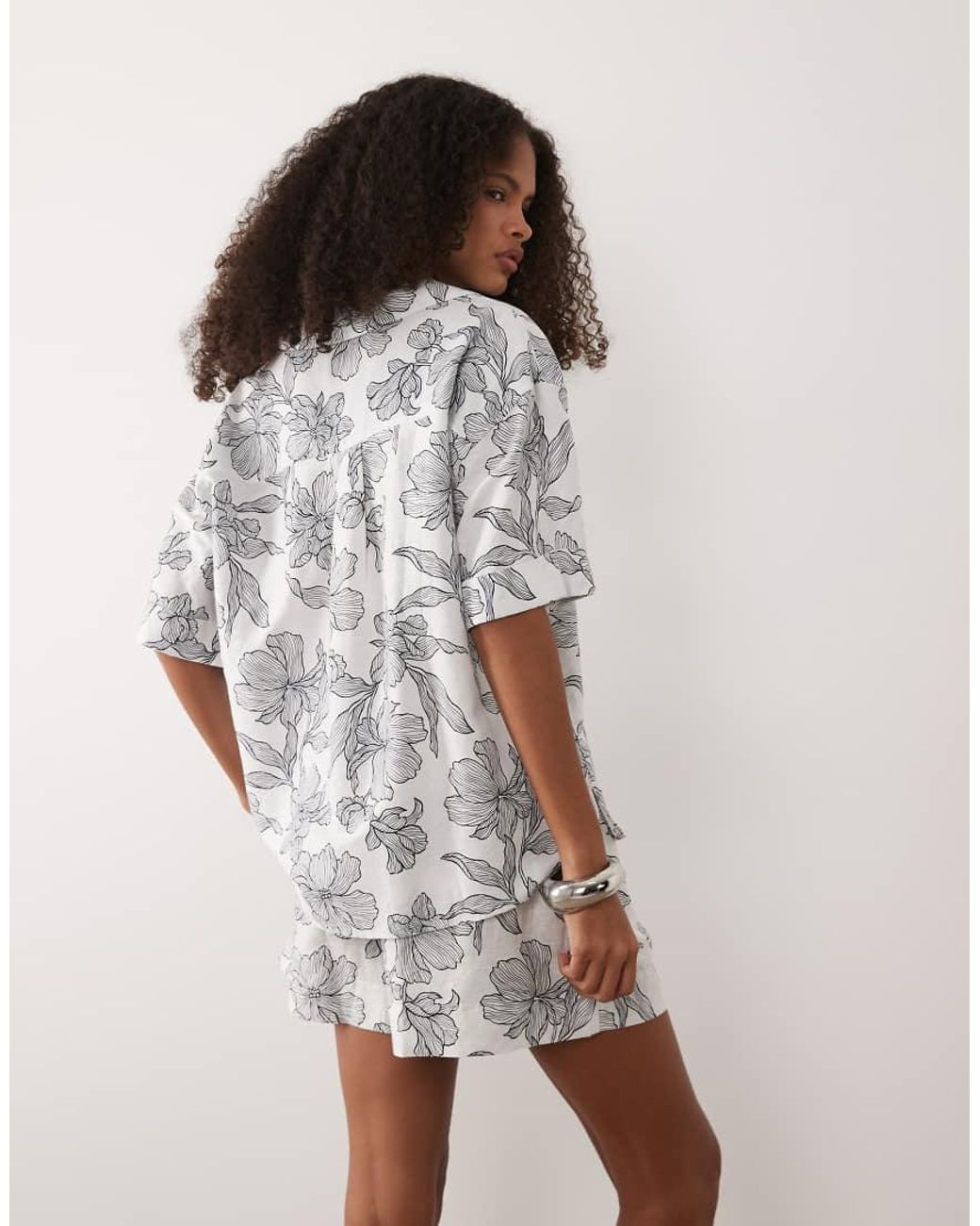 Gant White Linen Mix Floral Print Boxy Fit Shirt