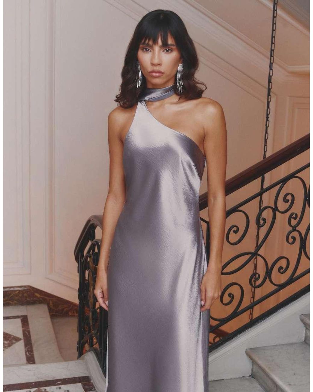 4th & Reckless Metallic Satin One Shoulder Drape Scarf Detail Maxi Dress