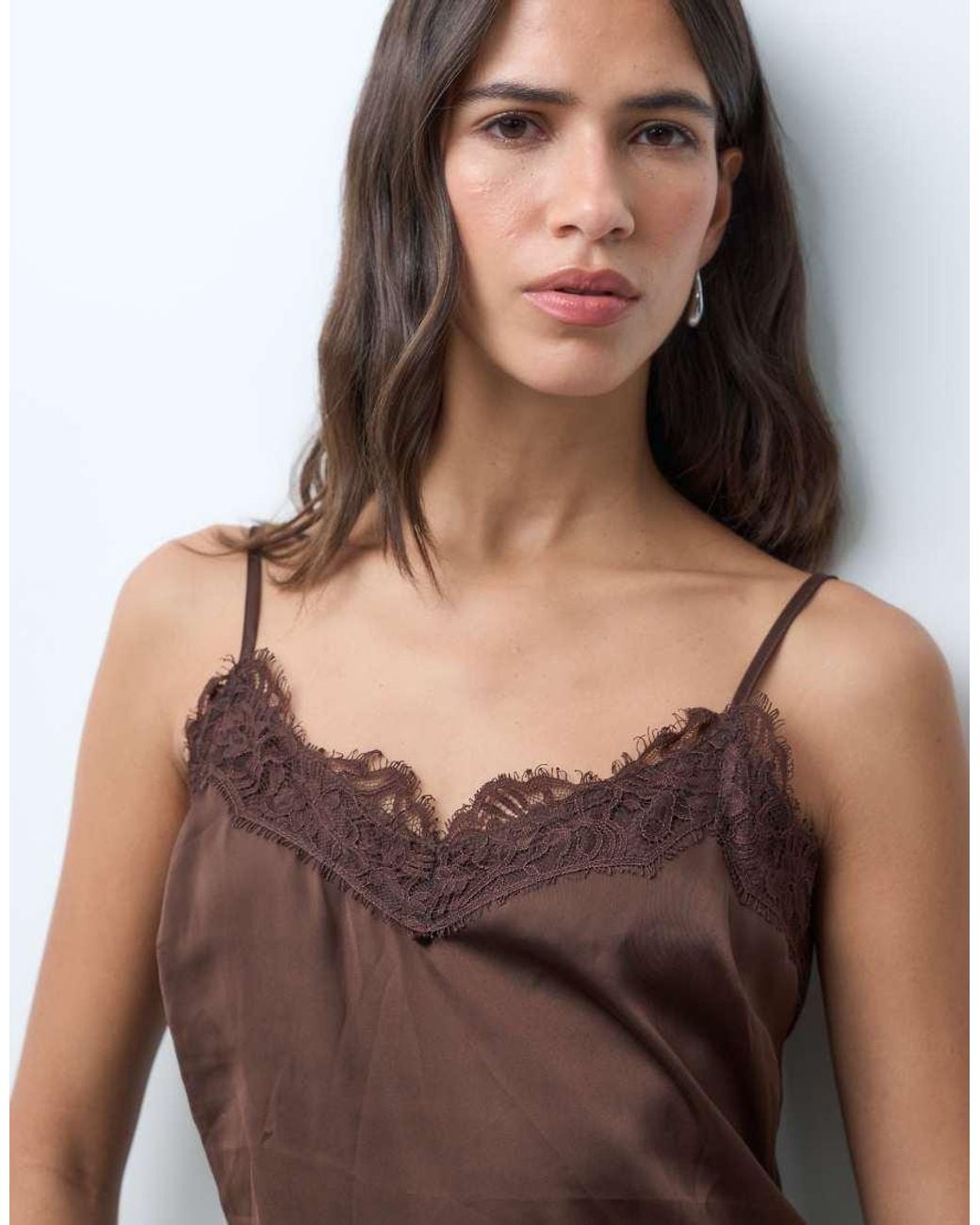 New Look Brown Longline Asymmetric Lace Trim Satin Cami Top