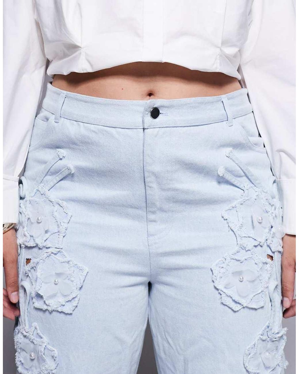 ASOS Blue Curve Denim Pearl Embellished Cornellli Jeans With Organza Flowers